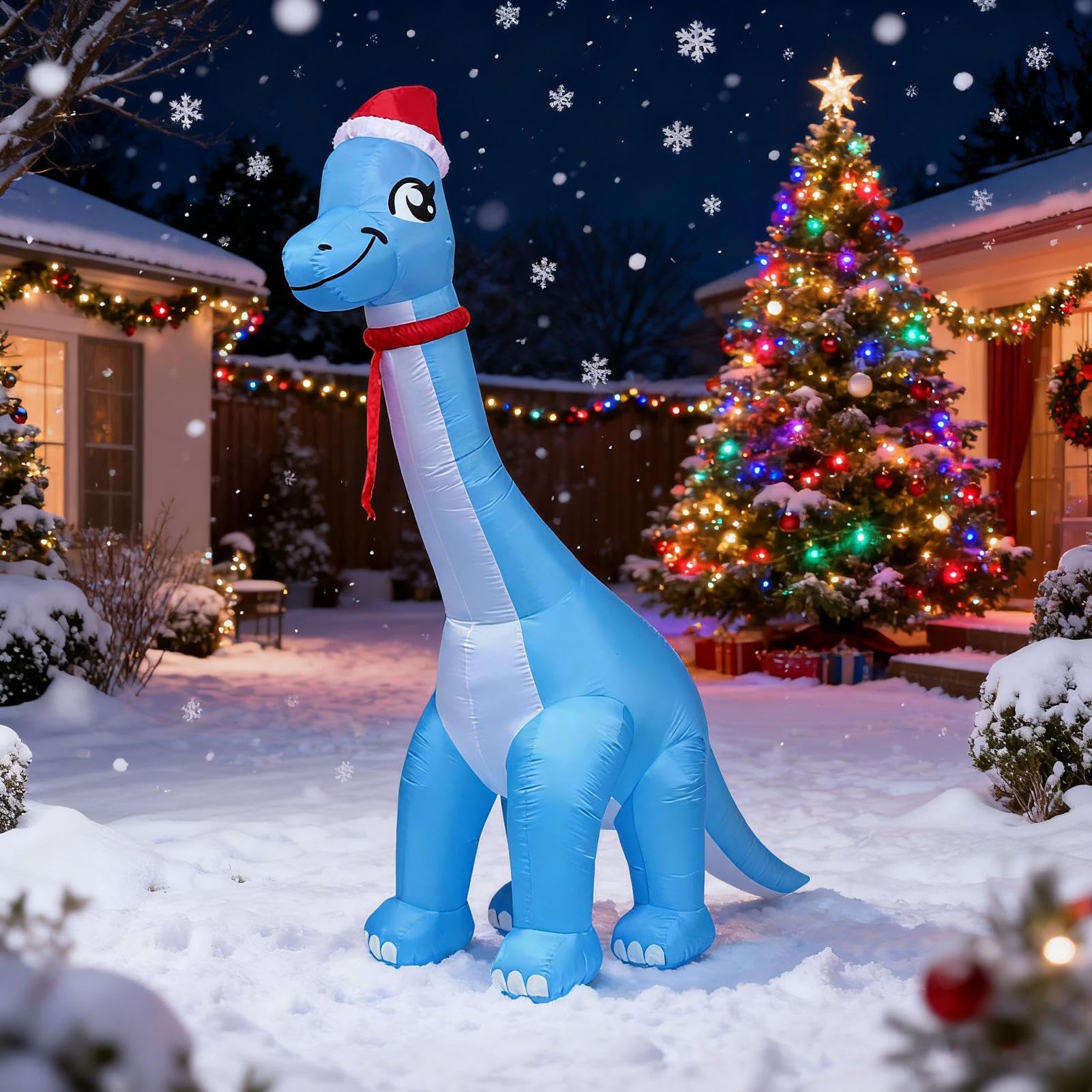 Nadmuchiwane Dekoracje Świąteczne 3,6 M LED Świetlny Dinozaur | Zewnętrzne Inflatable z Mikołajową Czapką na Święta do Ogrodu Podwórka Tarasu Podjazdu Drzwi Wejściowych
