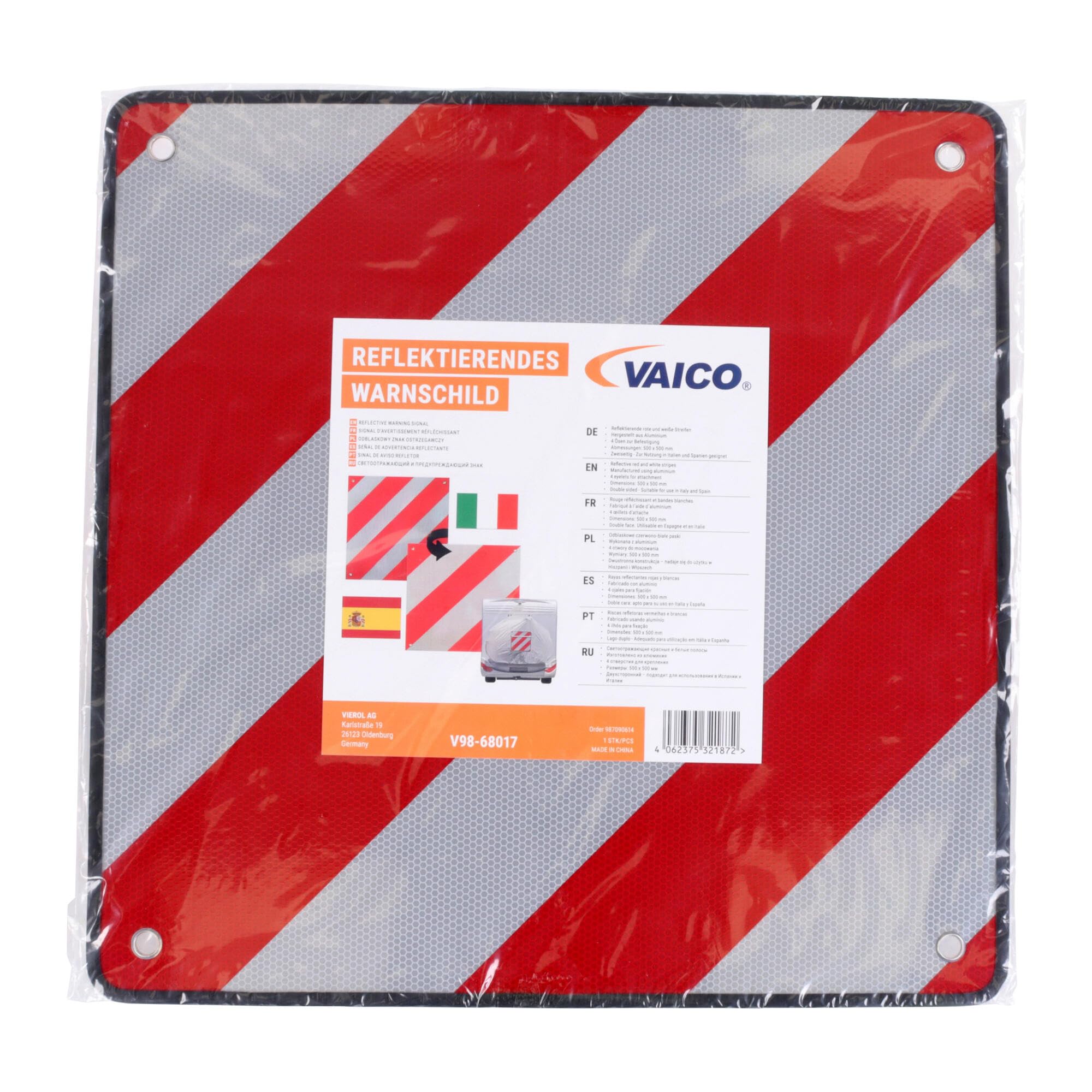 VAICO V98-68017 WARNTAFEL PASSEND FÜR HINTEN SPANIEN UND ITALIEN 2 IN 1 PASSEND FÜR FAHRRADTRÄGER HECKTRÄGER