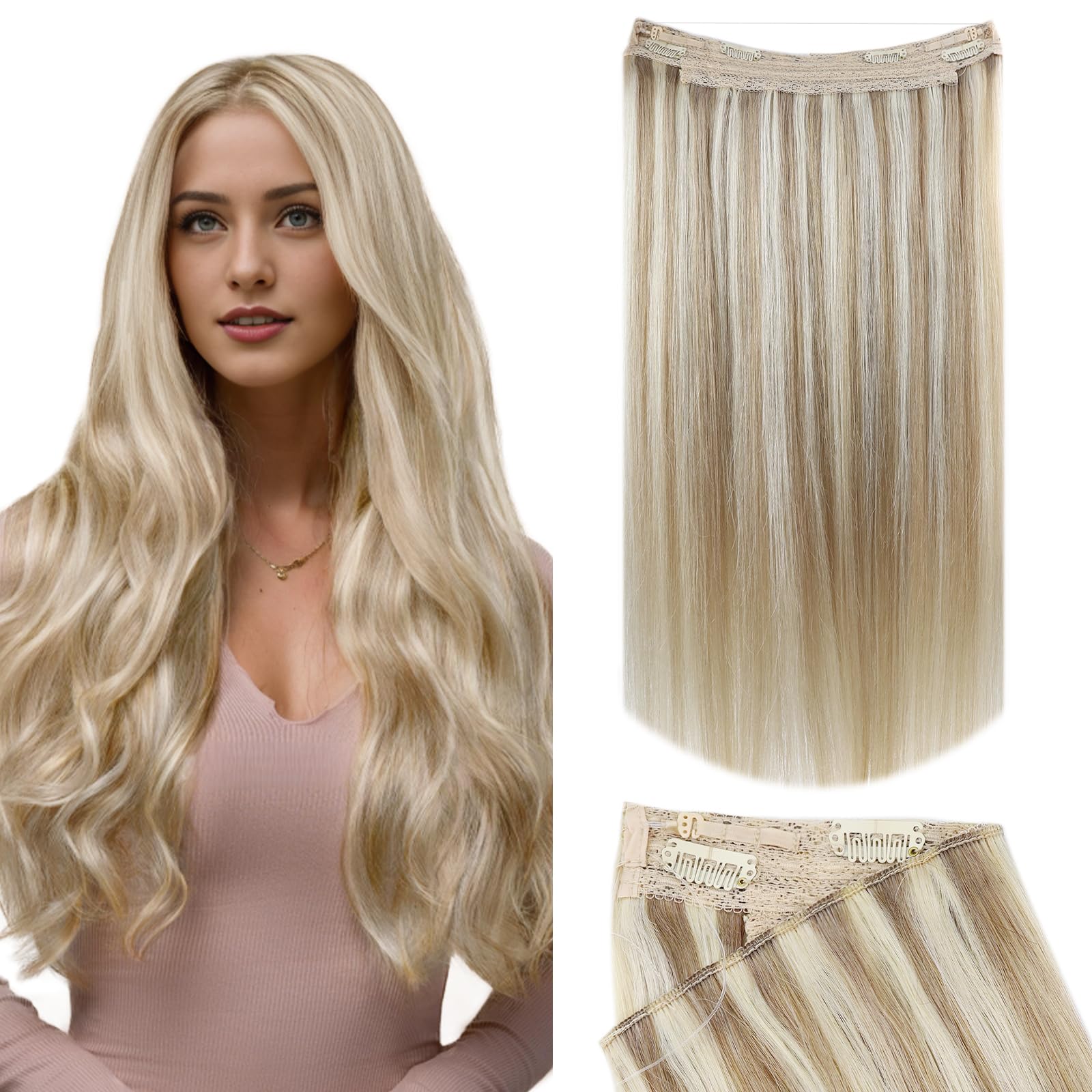 Fshine Filo Invisibile Naturali 18 Pollici Capelli Lisci 127G Extension Color 16 Golden Bionda Highlight Con 22 Biondo Chiaro Wire Invisibile Capelli Veri #16P22