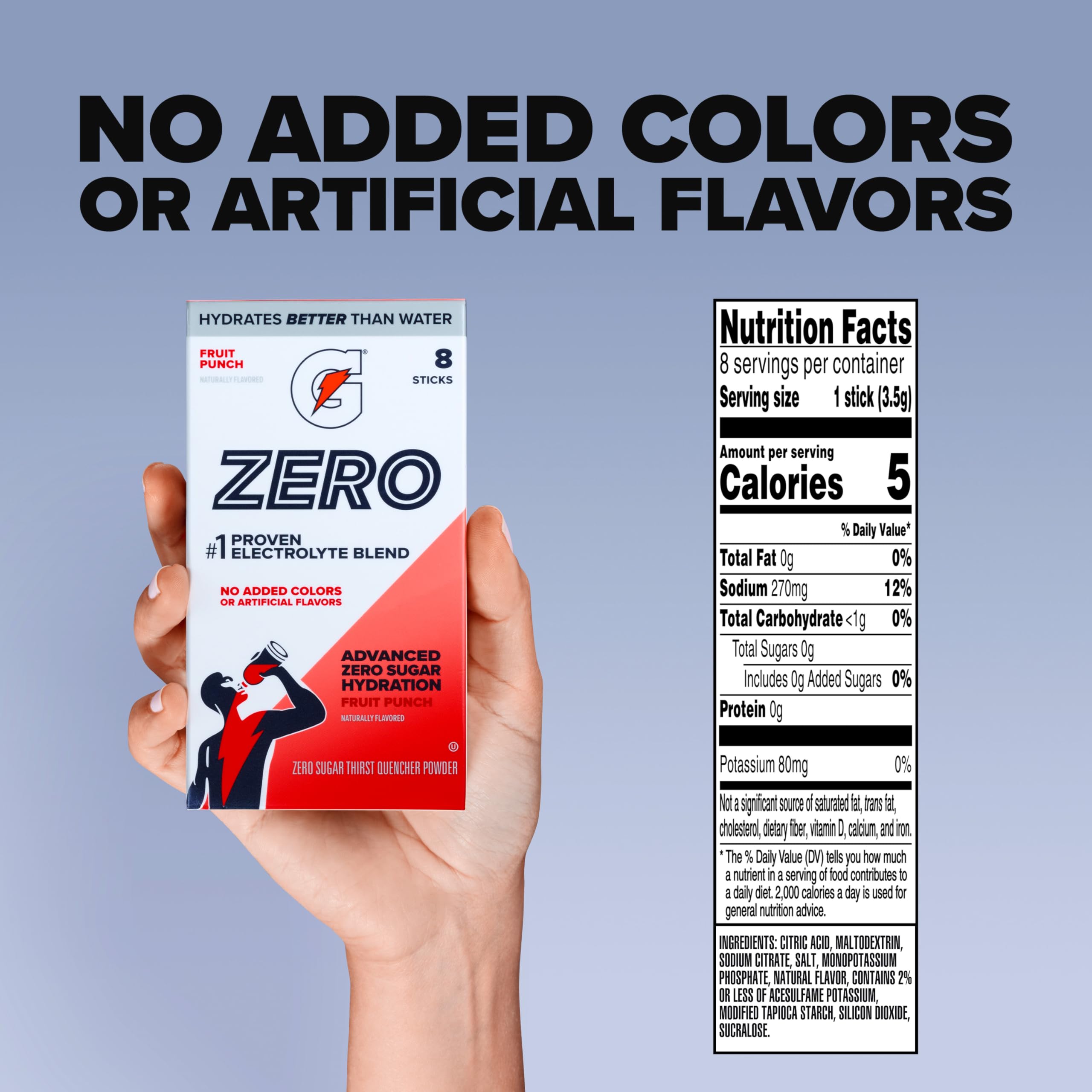 Gatorade Zero Sugar Electrolyte Powder Drink Mix, Fruit Punch, (96 Servings), No Artificial Flavors, No Added Colors, Zero Sugar, Sports Drinks, Hydration, Electrolyte Drink