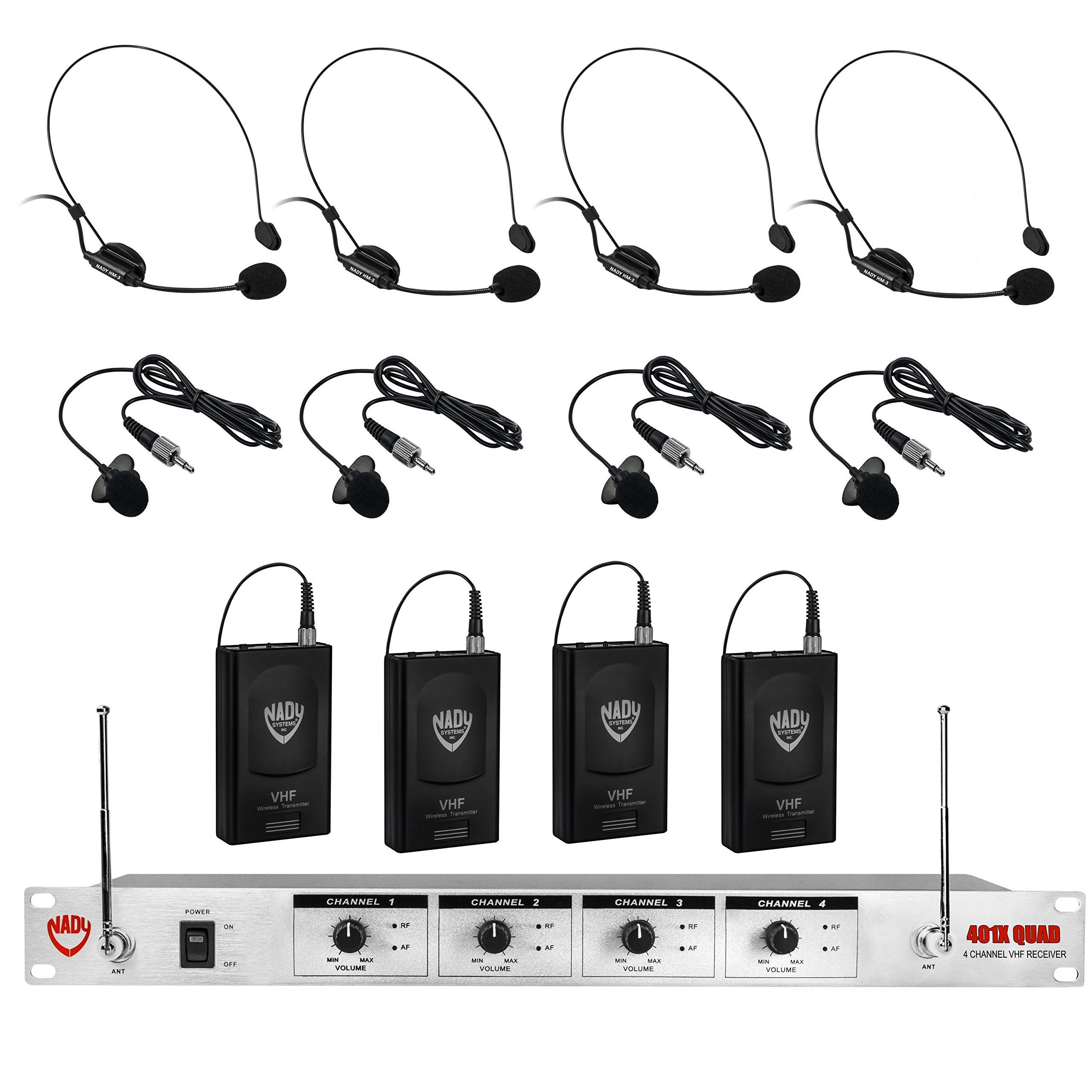Nady 401X Quad Wireless 4-Channel Headset + Lapel/Lavalier Microphone System – 8 Microphone Bundle (HM-3 + LM-14)
