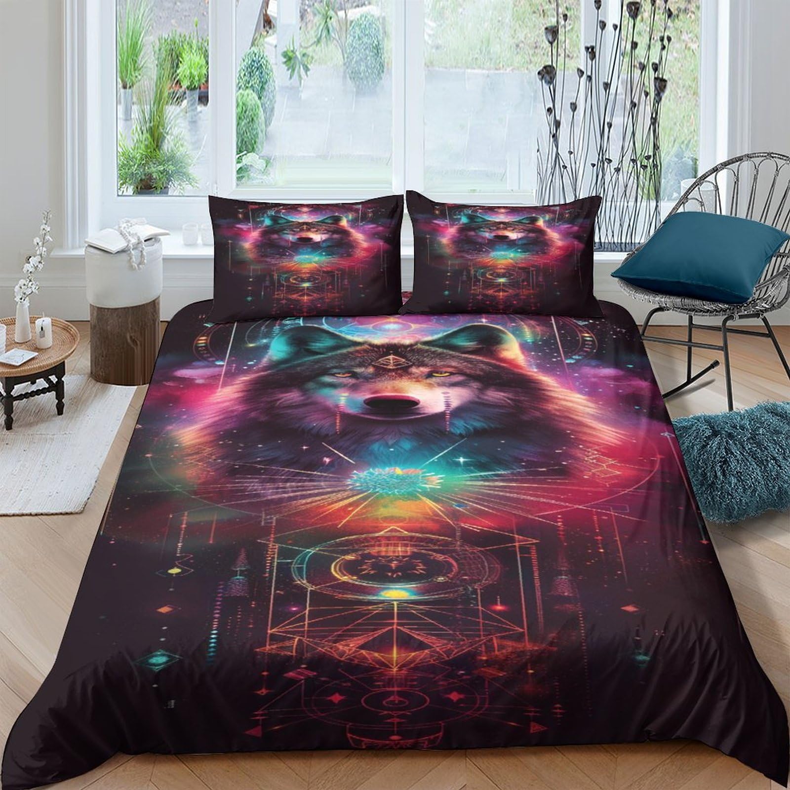 Housse de couette loup 200x200 parure de lit double microfibre 3D wild animal