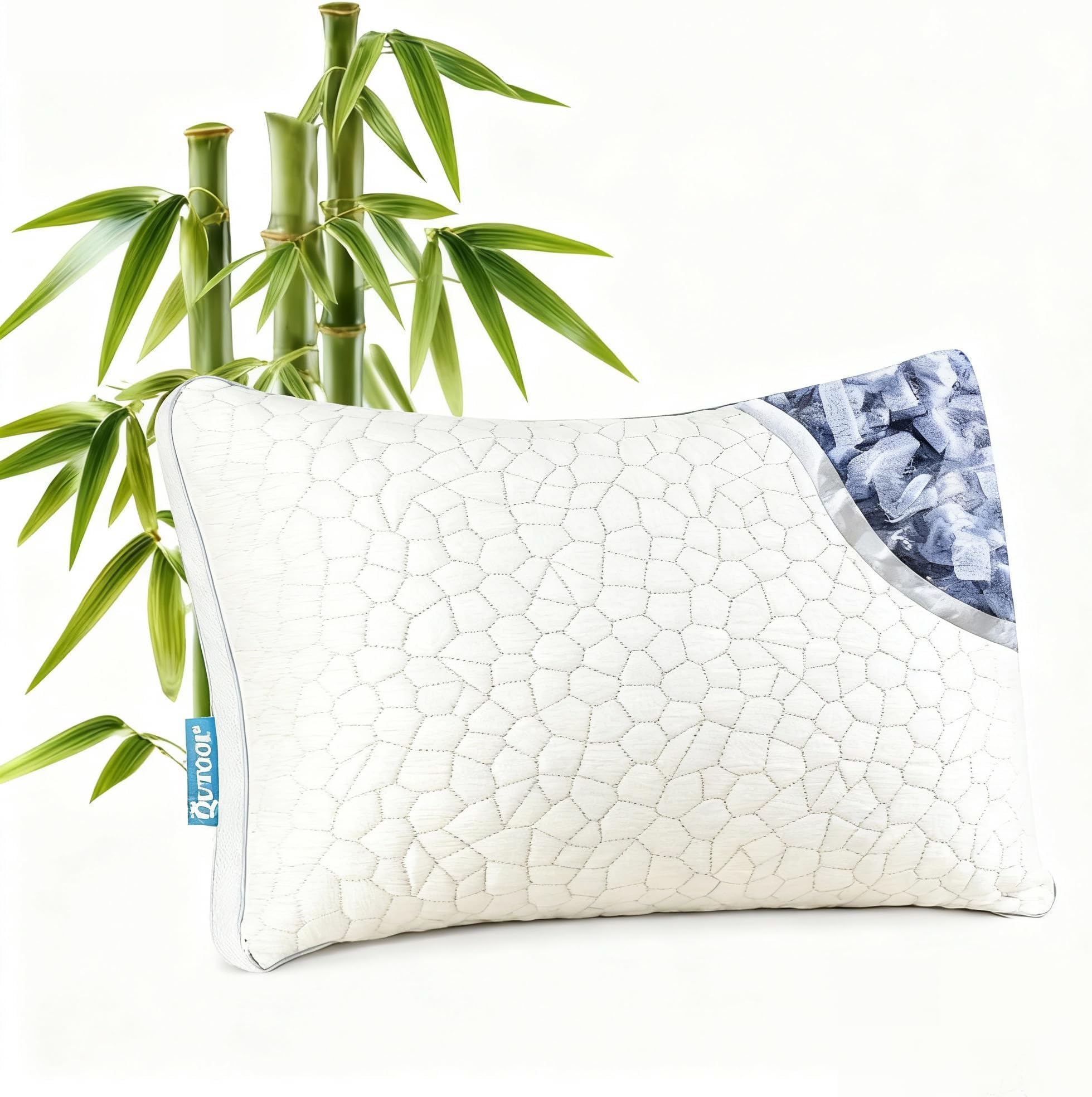 Shredded Memory Foam Pillows 1 Pack, Rayon Derived from Bamboo Pillow Queen Size Set of 1, Cooling Gel Pillows for Sleeping, Adjustable Pillow for Side Stomach and Back Sleepers with Washable Cover