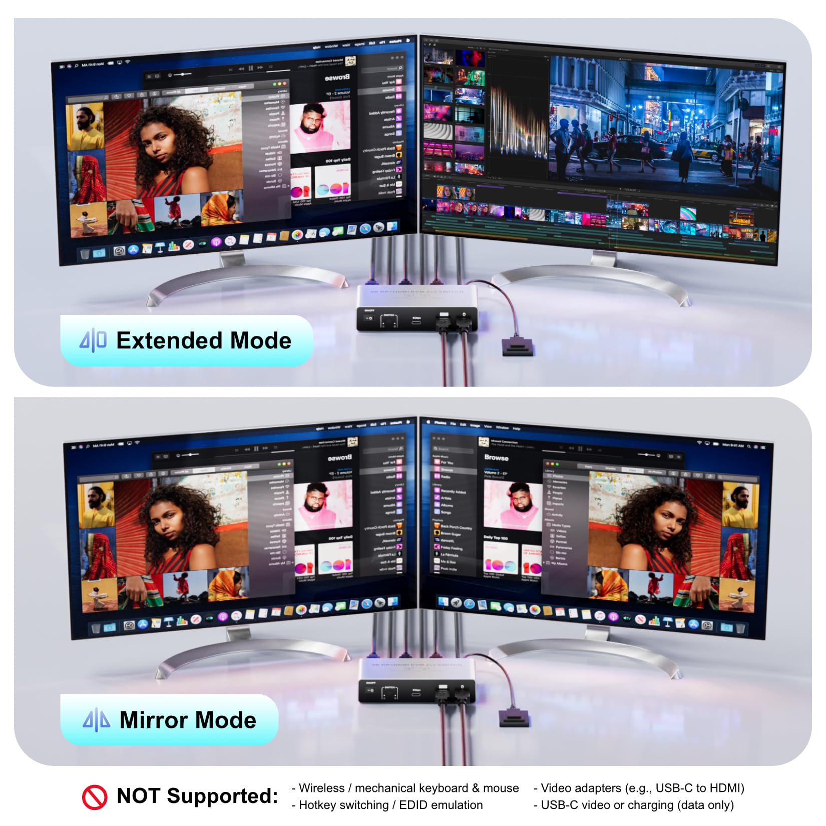 BolAAzuL Switch KVM HDMI+DP per 2 Monitor & 2 PC, 8K@60Hz 4K@120Hz HDMI 2.1 & DP1.4, Espandibile/Specchio Divide Tastiera/Mouse/USB 3.0, con Controller & 2 Cavi USB