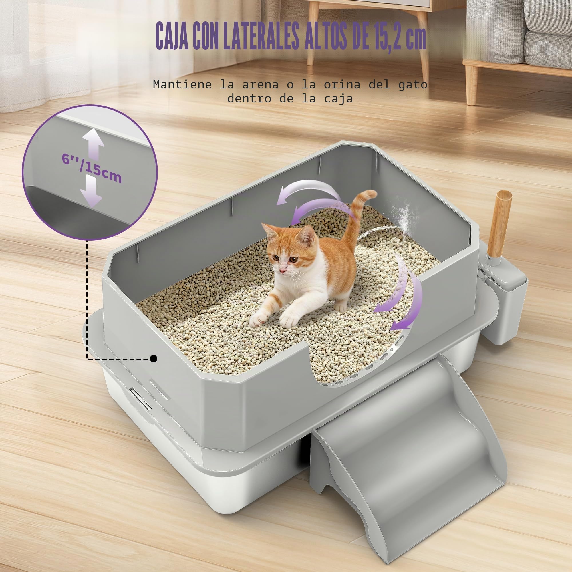 Arenero para Gatos de Acero Inoxidable para Gatos con Tapa, Caja de Arena Metálico Extraíble XXL con Tapa, Cuchara, Escalón, No Pegajoso, Sin Olores, Fácil de Limpiar (Gris Claro)