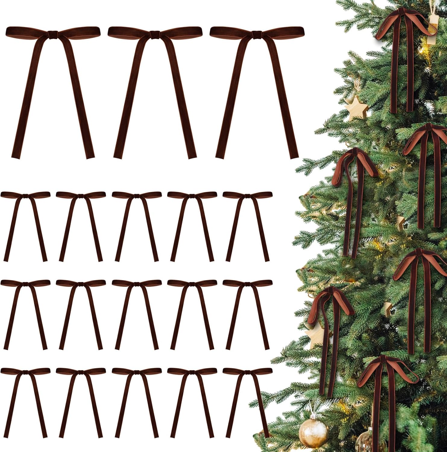 24 Pcs Velvet Bows Christmas Tree Ornaments Vintage Velvet Ribbon Bows for Tree Garland Wreath Indoor Xmas Decorations(5 x 7 Inch, Width of 3/8",Reddish Brown) Reddish Brown 5 x 7 Inch, Width of 3/8"
