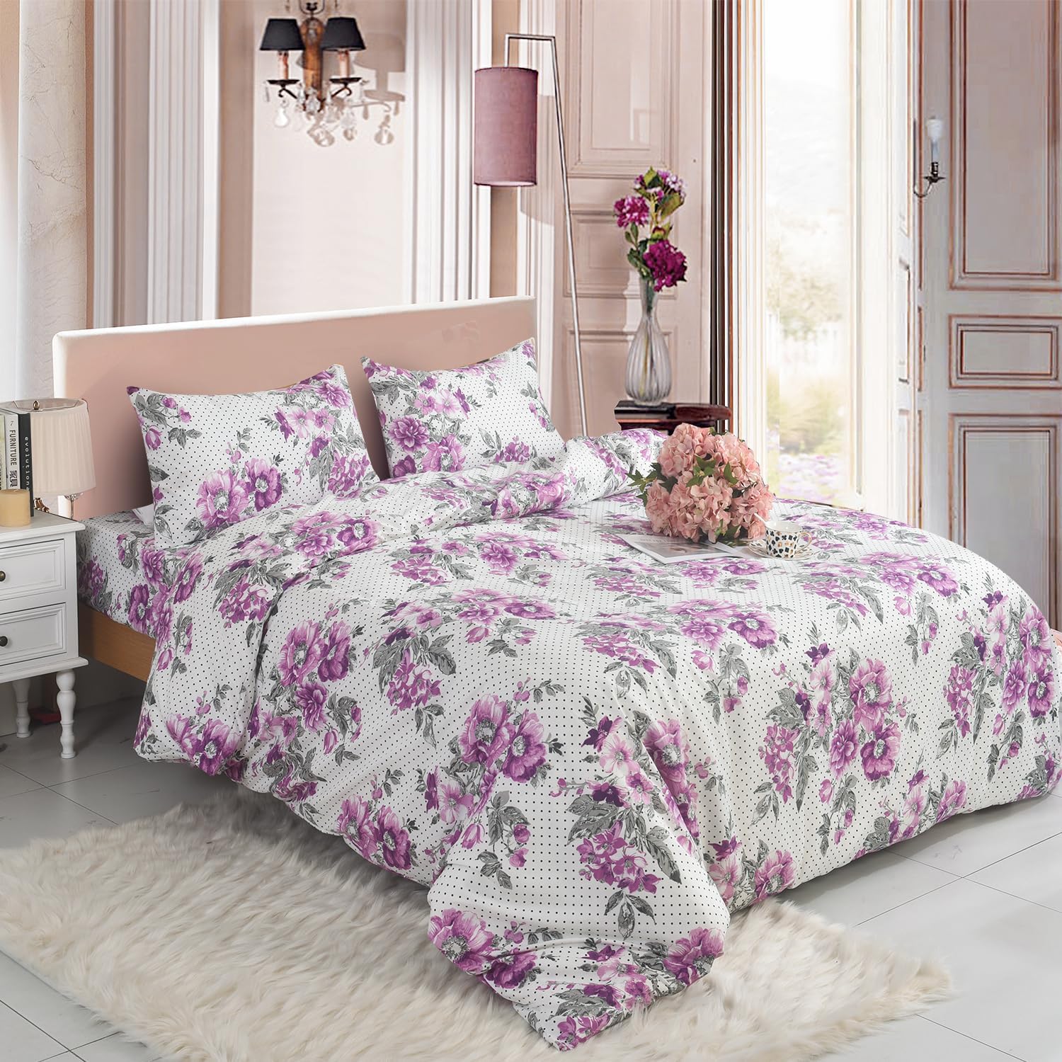 4PCS Complete Printed Bedding Set, 1x Duvet Cover 1x Matching Deep Fitted Sheet and 2x Pillowcase Reversible Microfibre Quilt Cover Bed Set Single Double and King Size (Madrid 120-2, Double)