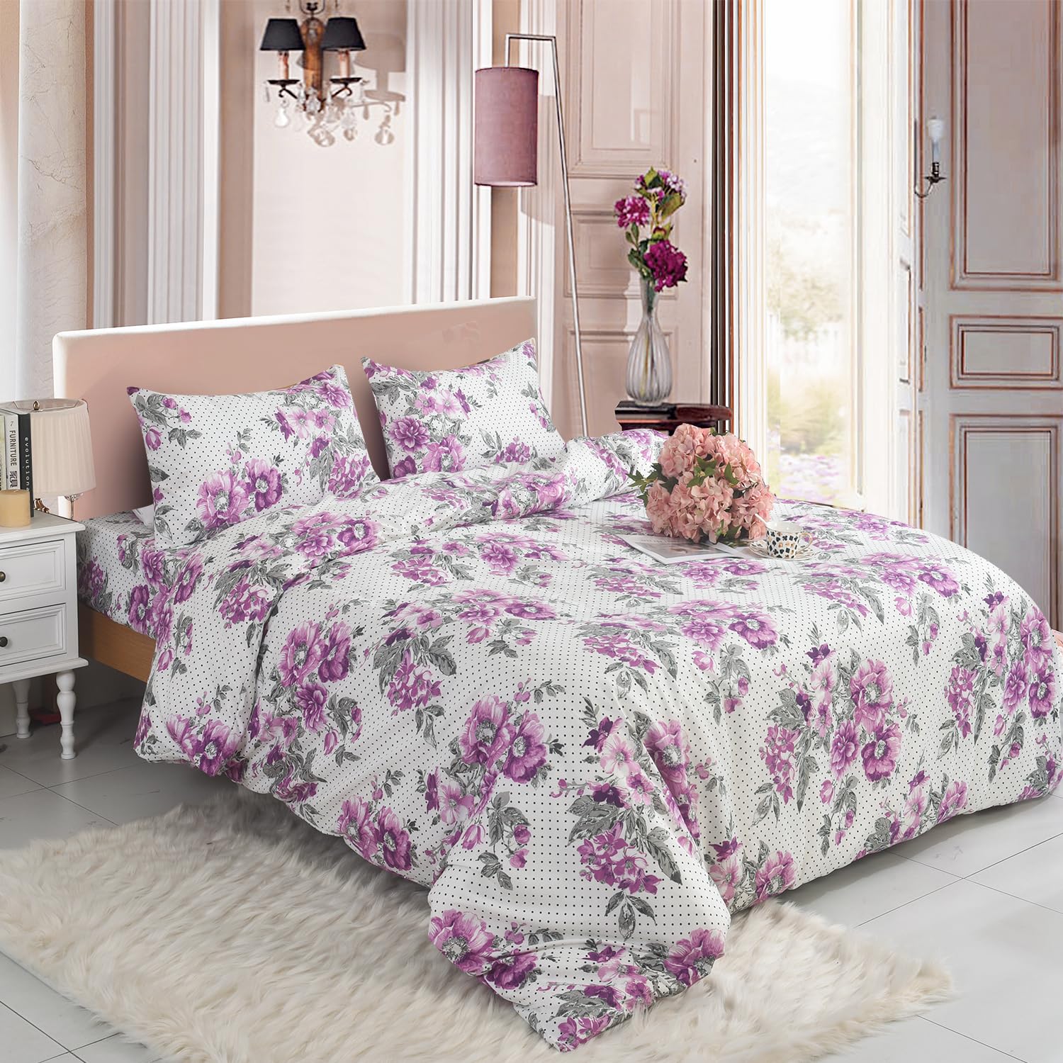 BOSKI LONDON 4 Piece Printed Bedding Set – Microfiber Duvet Cover, Fitted Sheet 25cm Deep Pocket & Pillowcases | Soft Quilt Cover Set Single Double King Super King (Delight Lilac, KING)