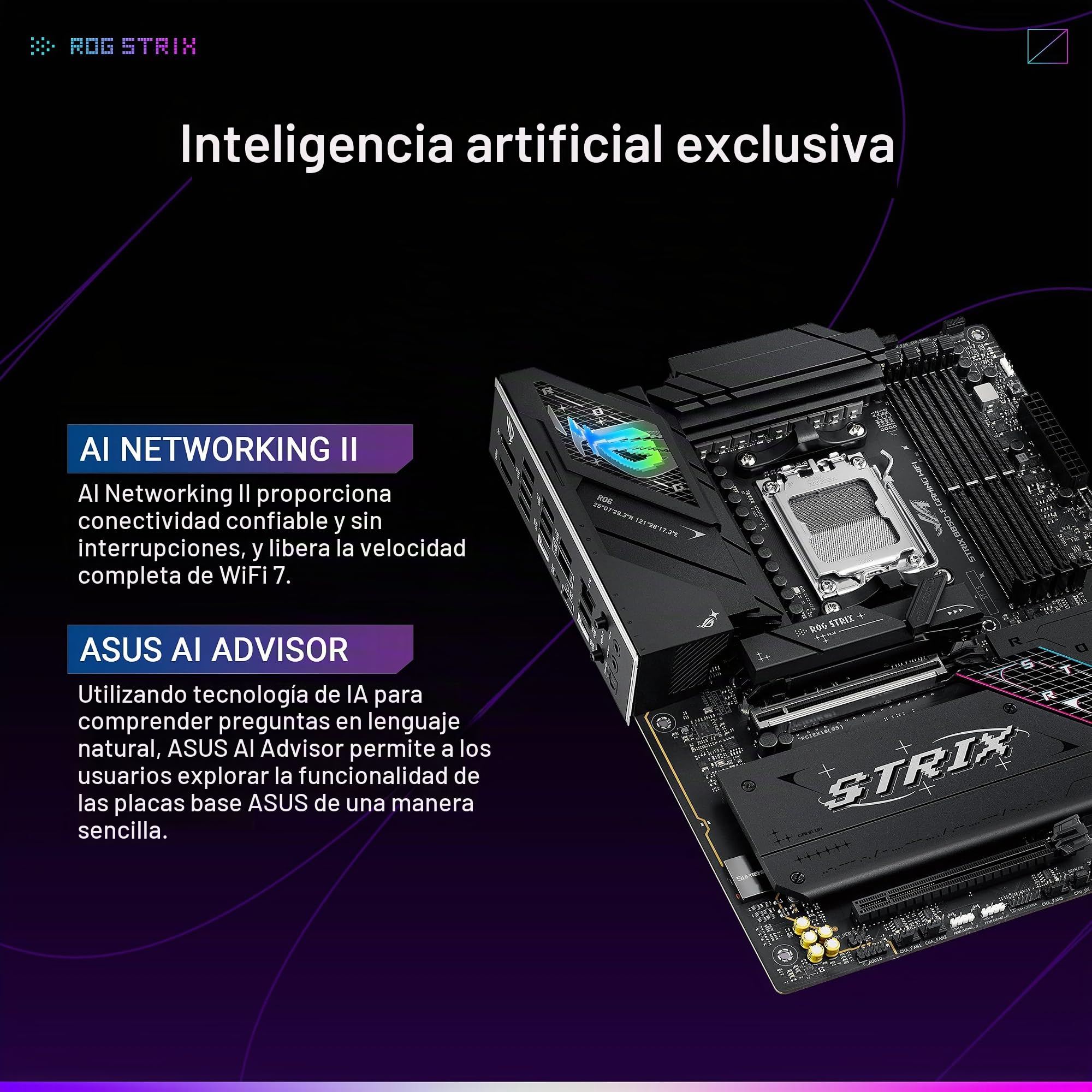 ASUS ROG Strix B850-F Gaming WiFi AMD AM5 16+2+2 etapas de potencia, AI PC, DDR5 AEMP, WiFi 7, 4X M.2, PCIe® 5.0, 20Gbps Type-C®, AI Networking II, Aura | Compatible con Ryzen 7000, 8000 y 9000, DDR5 AEMP, soporte total de 19 USB, conectividad de vanguard