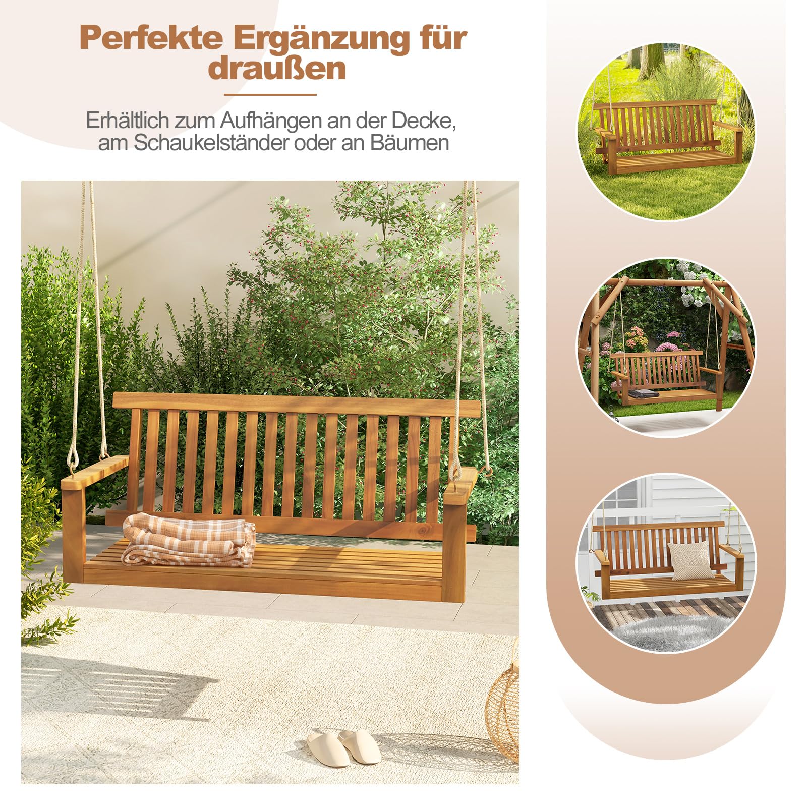 COSTWAY Hängebank Outdoor, 2-Sitzer Schaukelbank Holz