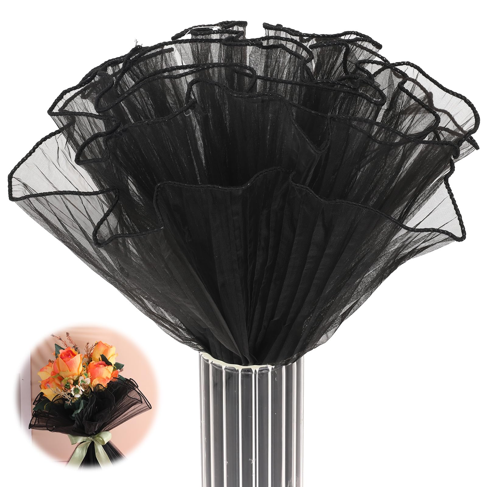 Black Flower Wrapping Mesh Paper 4 Yards Bouquet Ruffle Yarn Korean Style Wrinkle Wrapping Paper White Floral Papers Flower Bouquet Florist Supplies for Valentines Wedding DIY Crafts-image-20