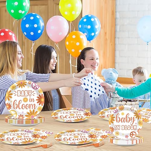 Miniatura 110 de 96 piezas de suministros de fiesta de cumpleaños florales de cumpleaños, platos de papel, servilletas, flores de oro rosa, decoraciones de fiesta