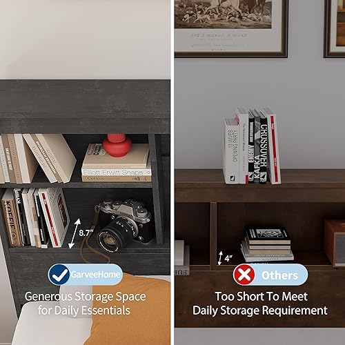 Miniatura 7 de GarveeHome Base de cama de tamaño matrimonial con cabecera de estantería de alto almacenamiento, marco de cama de madera con 4 cajones de