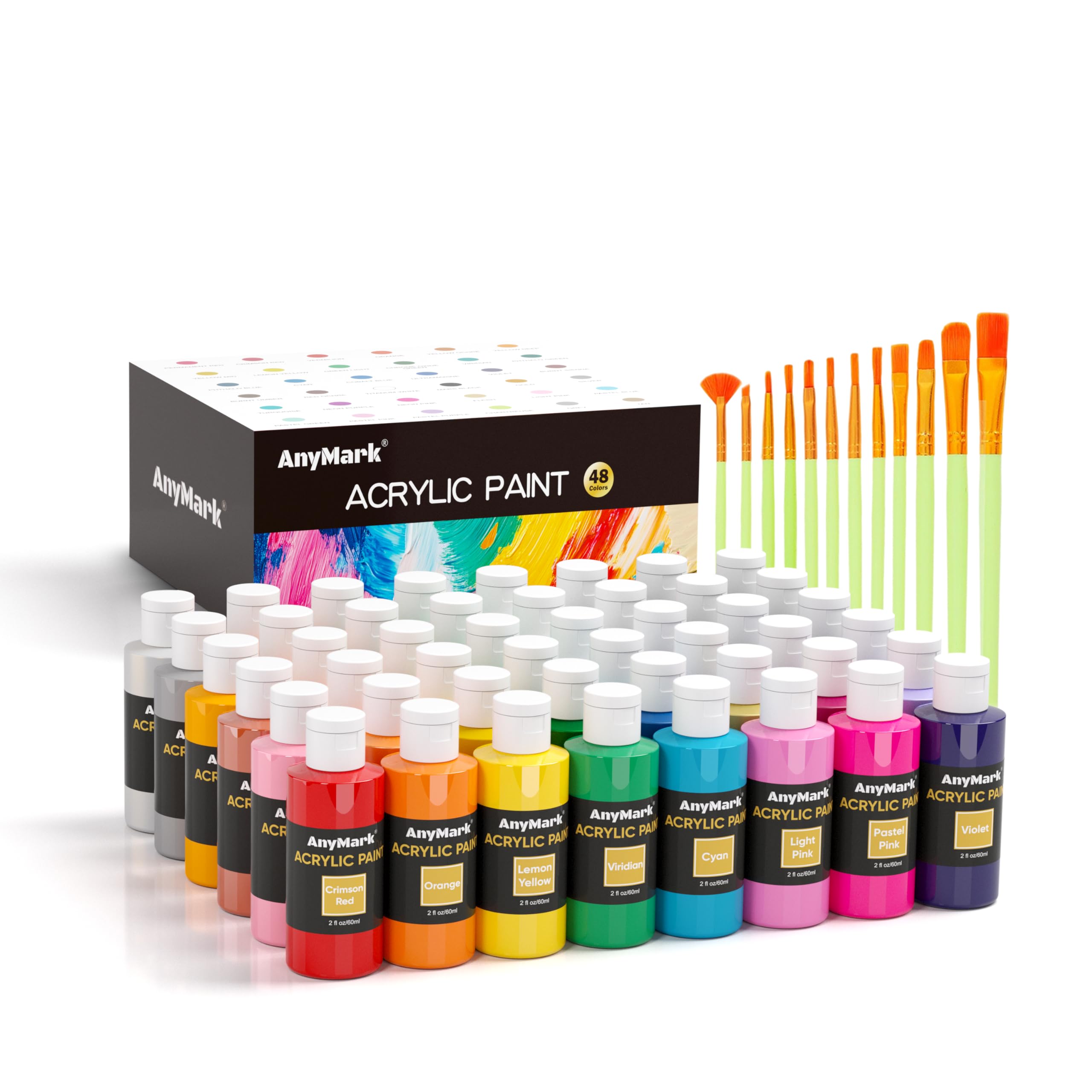 AnyMark Vernice Acrilica Classica, Set di 48 Colori Brillanti | Colori Acrilici per Adulti e Artisti, Vernice Multi-Superficie per Tessuto, Tela, Artigianato e Vetro, 60 ml (2 oz)