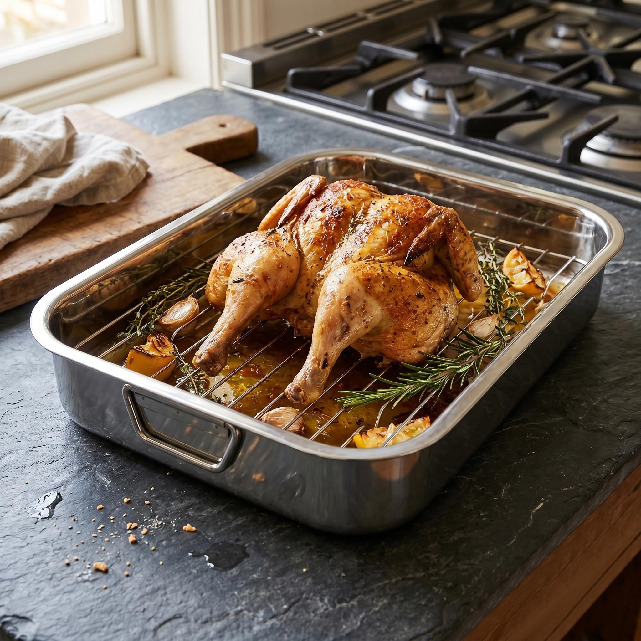 MGE - Oven Roaster with Grill - Taca do Pieczenia - Prostokątna Patelnia do Pieczenia w Piekarniku z Grillem - Stal Nierdzewna - 40 cm