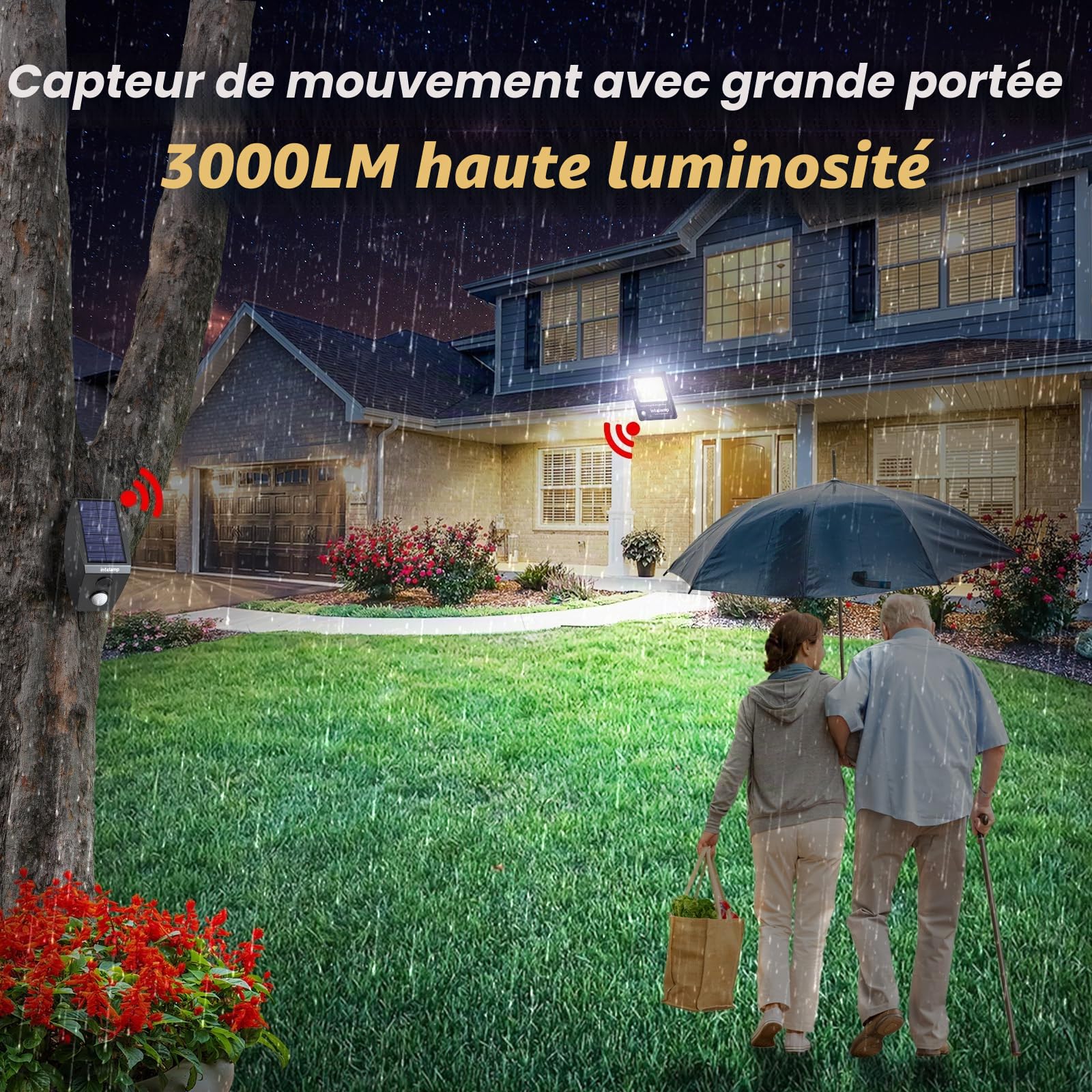 INTELAMP Lampes solaires d'extérieur avec détecteur de mouvement, 12000 mAh, 3000 lm, avec télécommande, lampe solaire super lumineuse pour l'extérieur, avec câble de 5 m, IP65