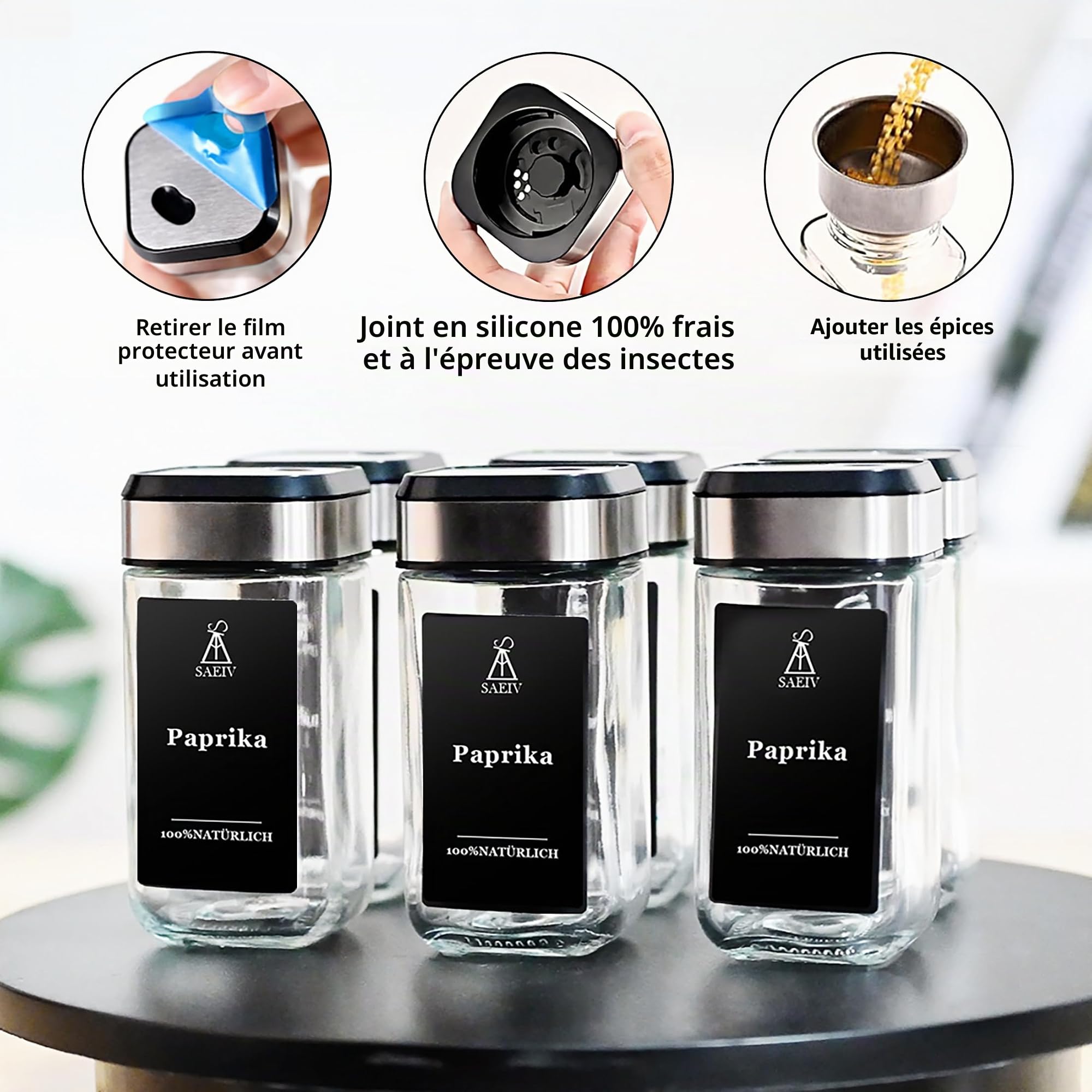 SAEIV Lot de 24 pots à épices en verre rotatif à 360° - Trois calibres - Réglable librement - 24 pots à épices avec étiquettes à épices - Organisation parfaite pour la cuisine - Boîtes à épices en