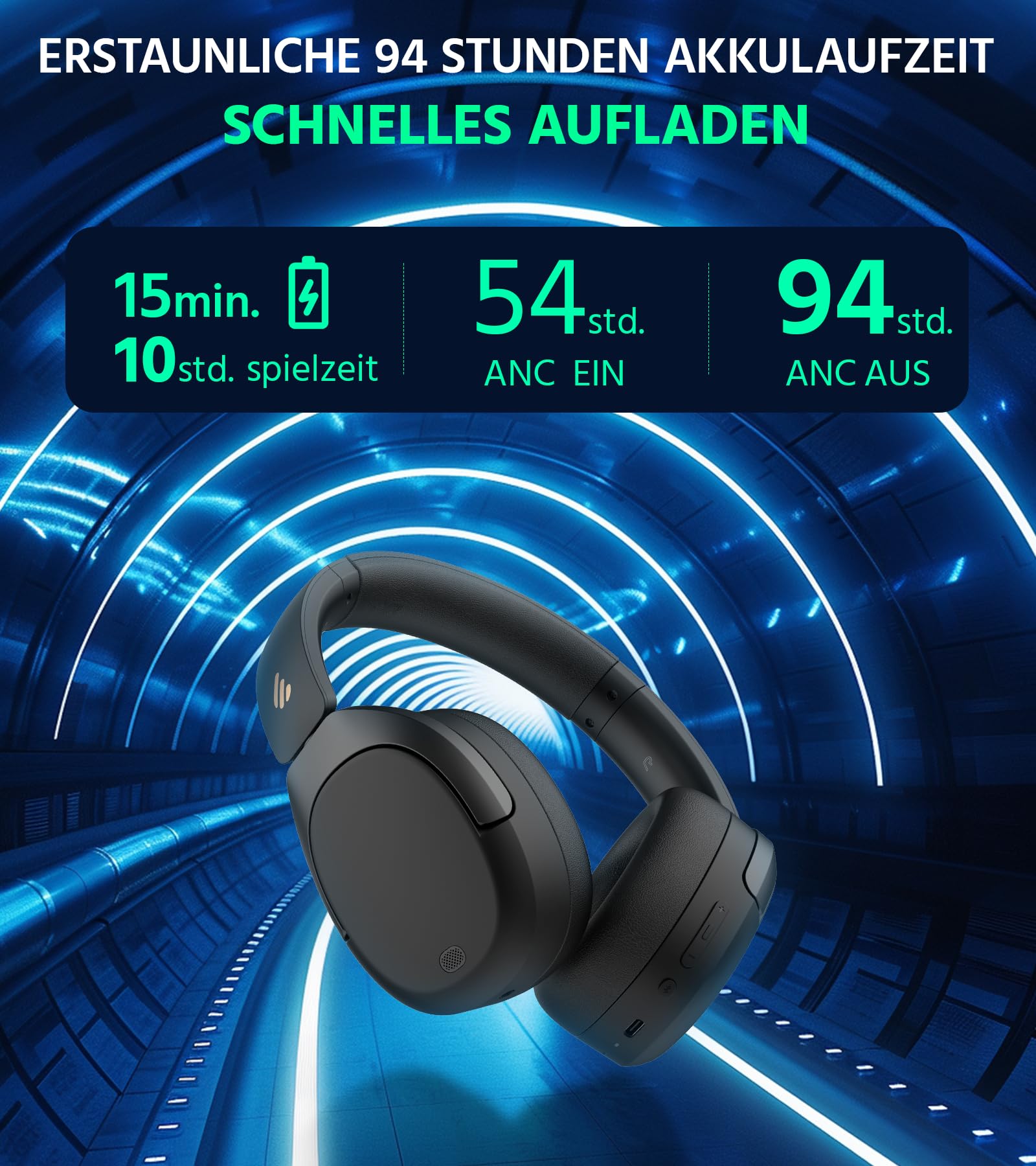 Edifier W830NB Wireless Over Ear Kopfhörer mit -45dB ANC, 94Std. AKKU, LDAC Hi-Res Sound, Spatial Audio, Schnellladung, Bluetooth V5.4 - Schwarz