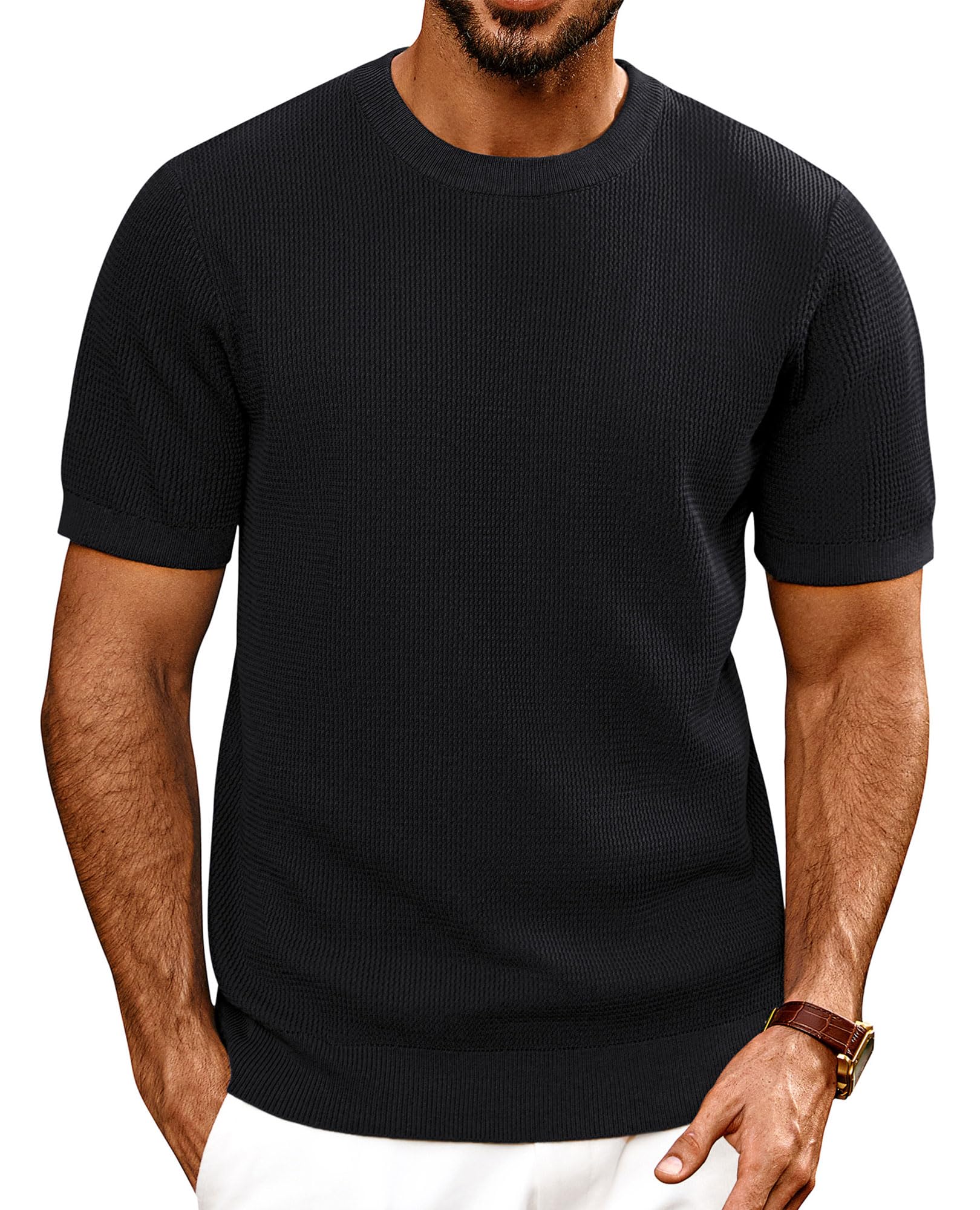 PJ PAUL JONES Herren Strick T-Shirt Kurzarm Regular Fit Strukturiert Tee Sommer T-Shirt mit Rundhalsausschnitt für Freizeit Golfshirt