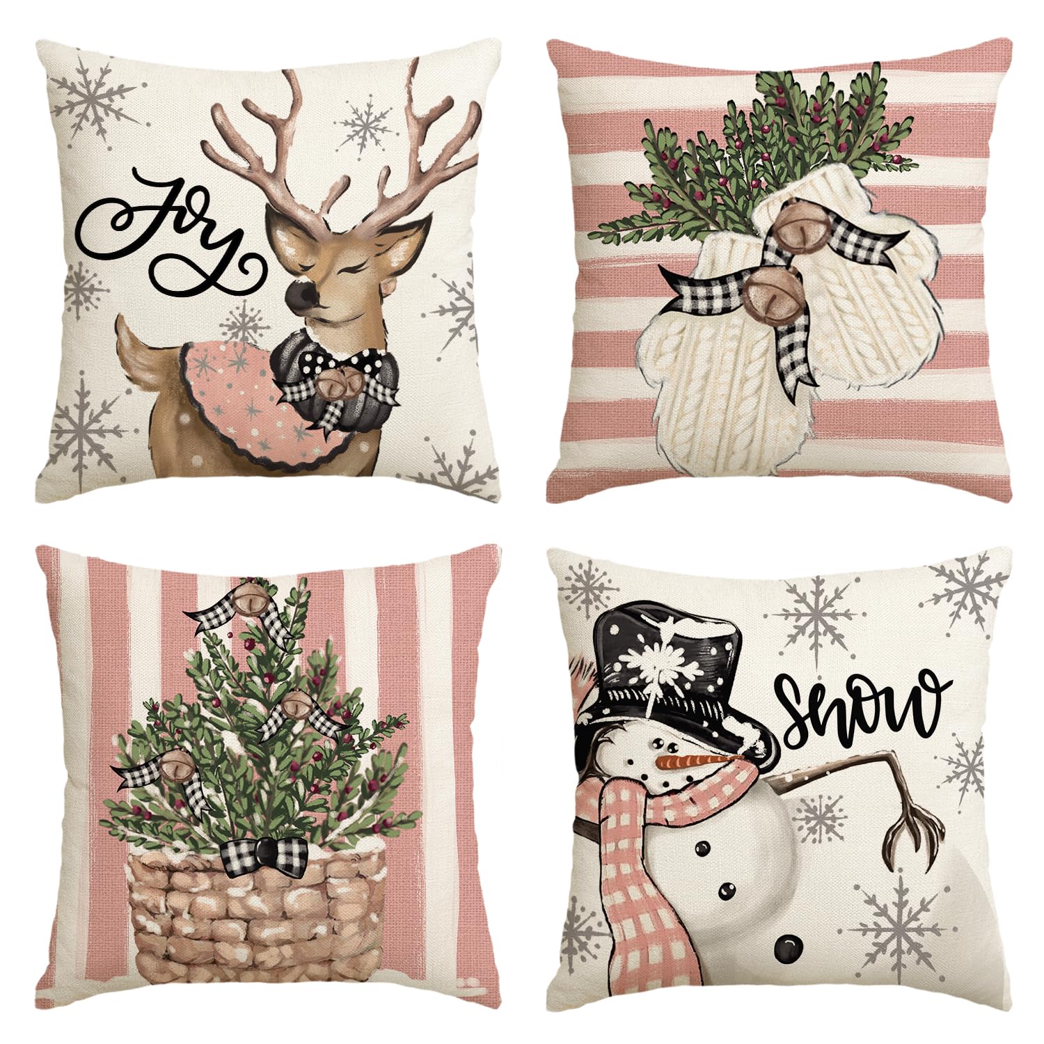 Housses de coussin eucalyptus et bonhomme de neige pour votre canapé de Noël