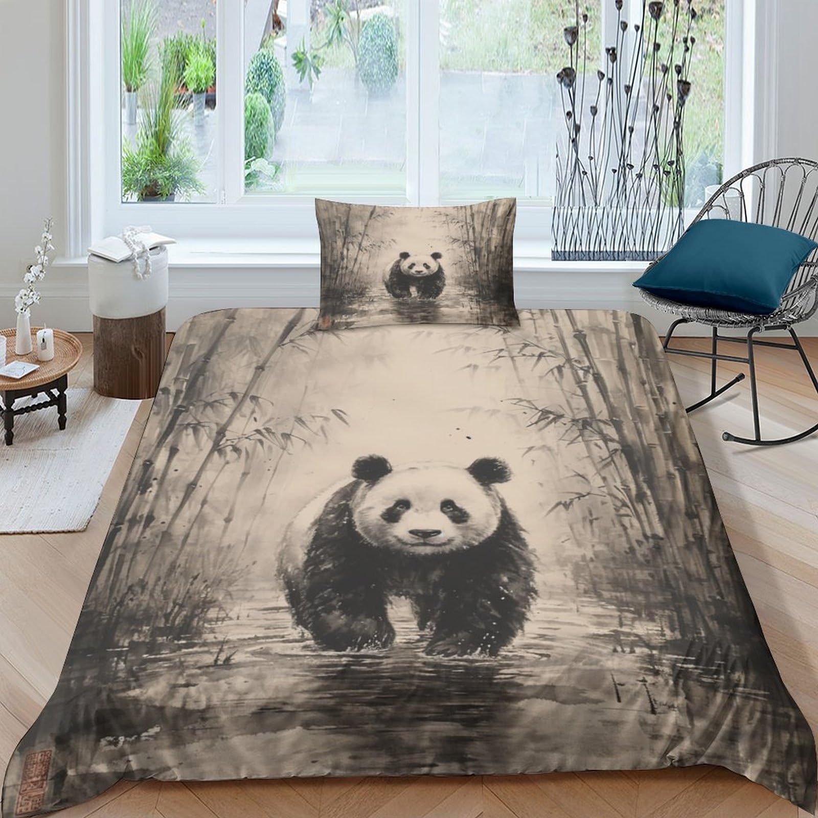 Housses de couettes respirantes panda 3D en microfibre douce parure de lit 3 pièces