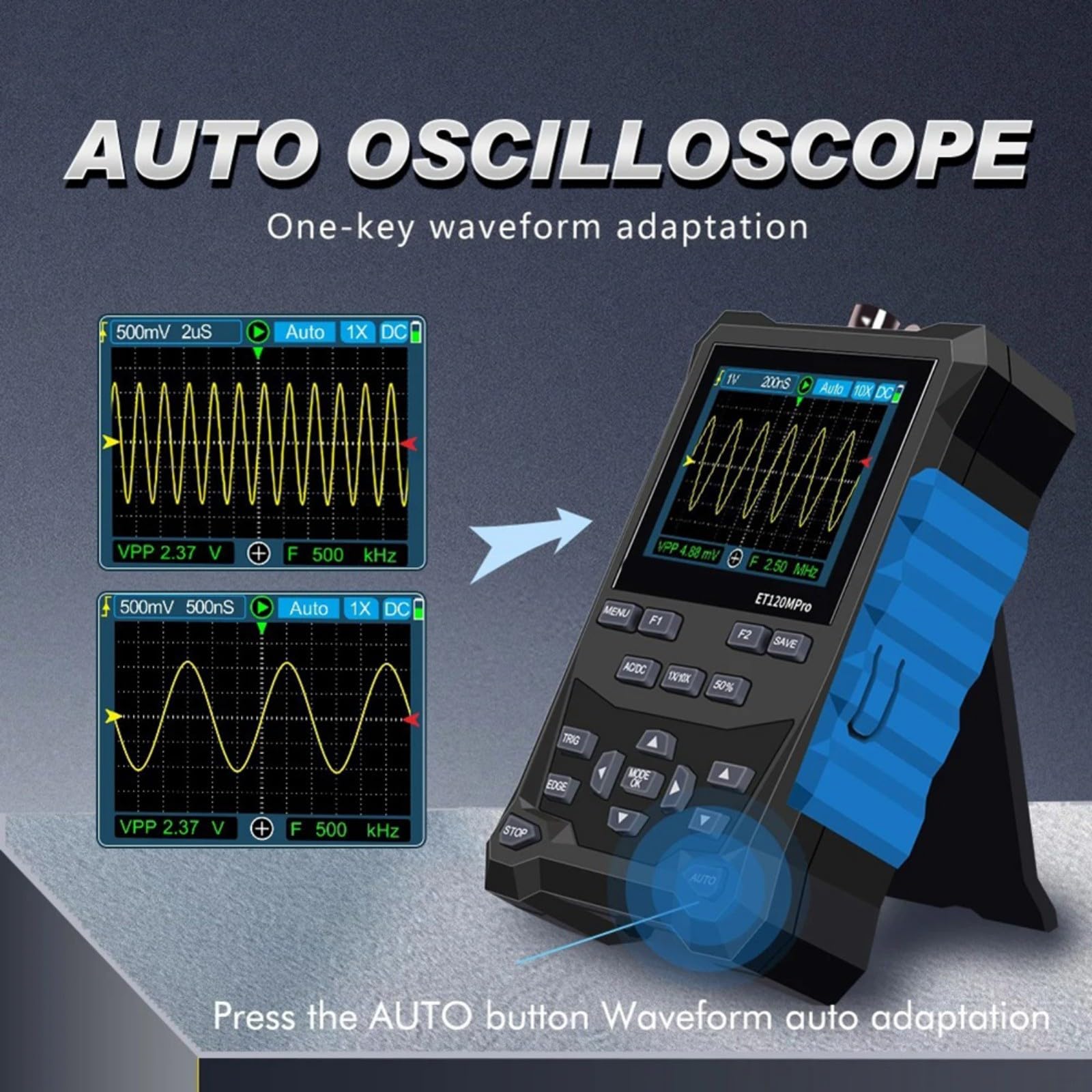 ET120MPro, oscilloscopio digitale 120 MHz 500 MS/s con sorgente di segnale 3 MHz, tester automobilistico 2 in 1 per diagnostica auto, istruzione e laboratorio, design portatile con batteria