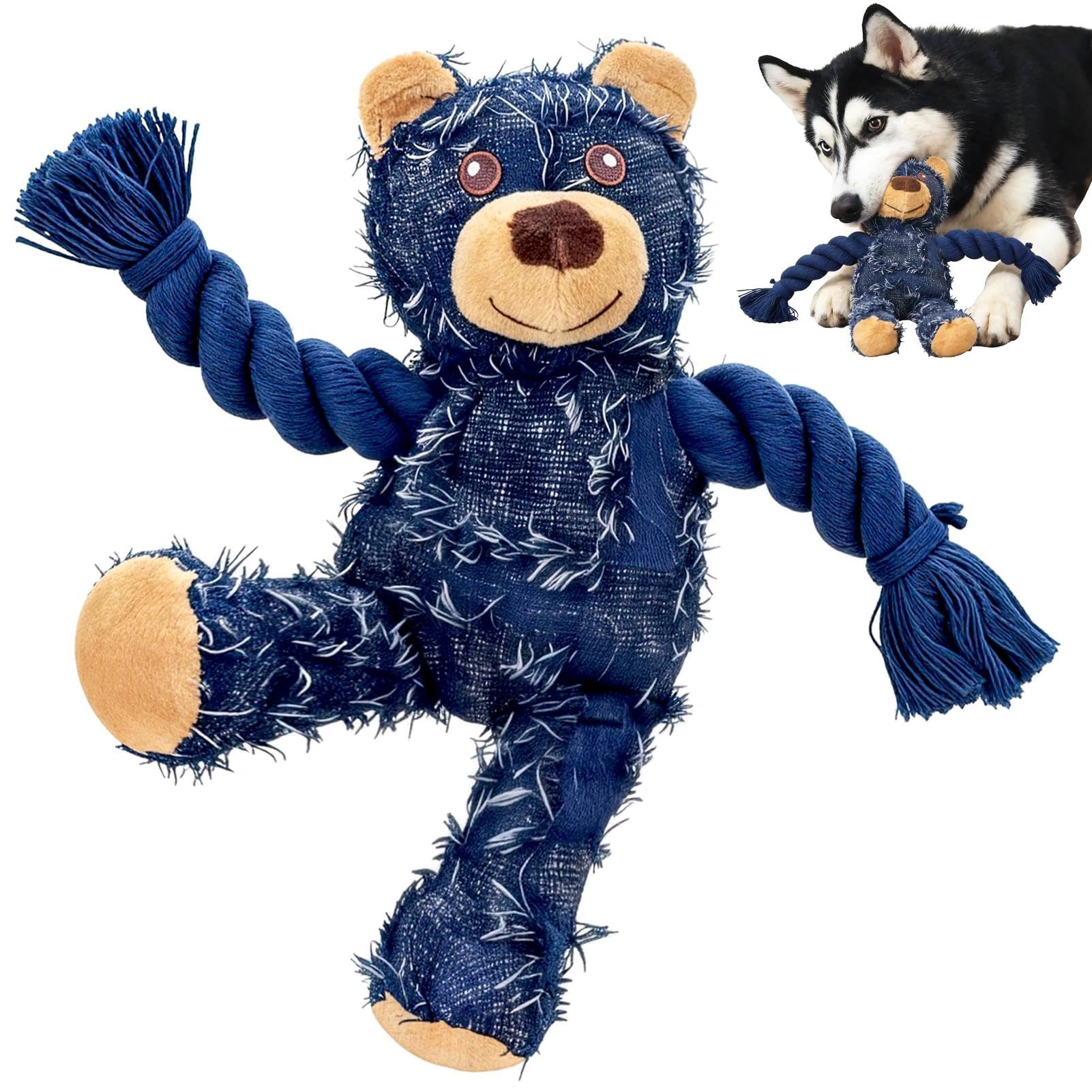 Ragged Bear Dog Toys for Aggressive Chewers, Indestructible Dog Toys with Tough Rope Core, Resistant Squeak Pet Toy for Boredom and Teething, Suitable for All Breed