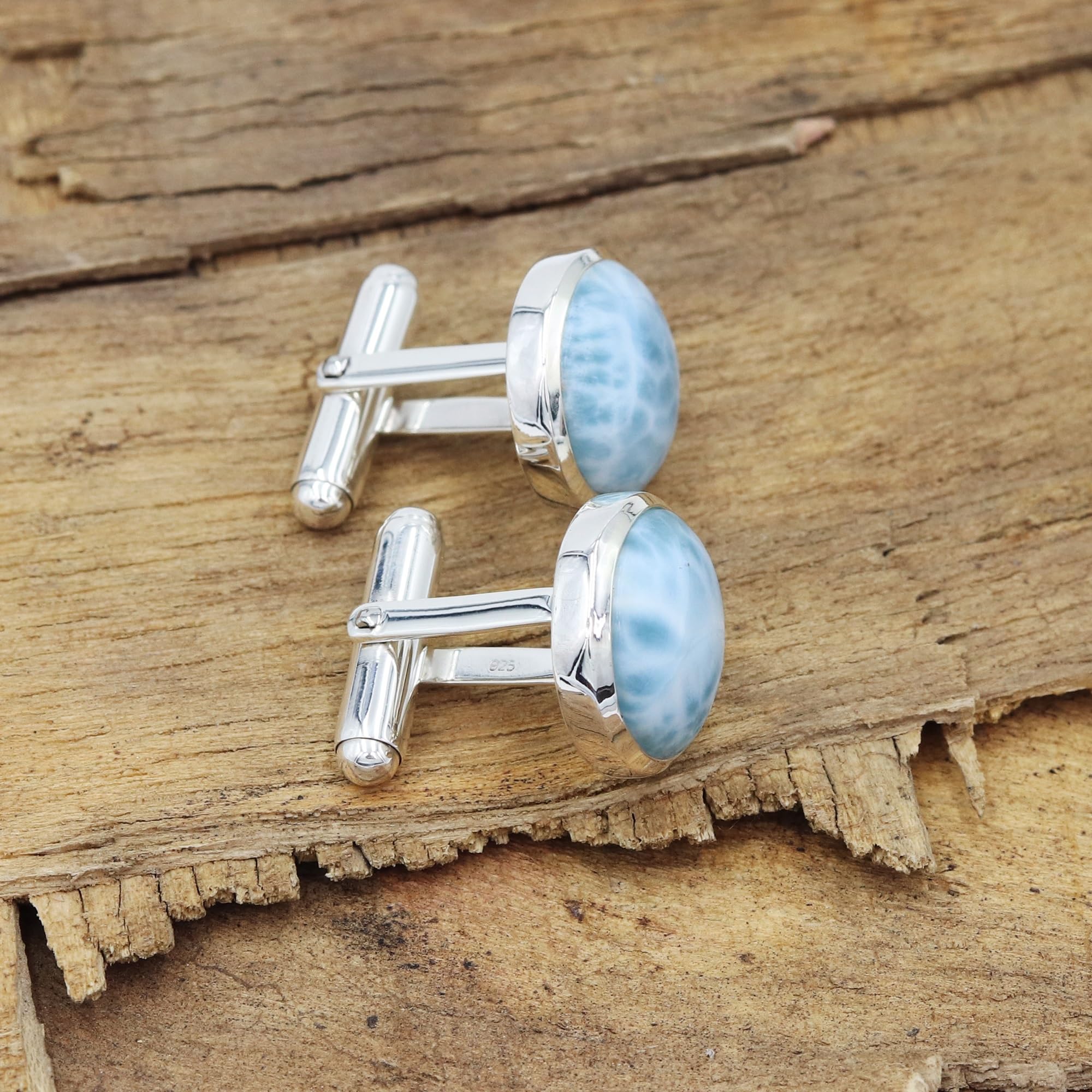 Larimar-Manschettenknöpfe, Schmuck für Männer, 925er Sterlingsilber, Manschettenknöpfe für den Bräutigam, einzigartiges Geschenk, Manschettenknöpfe aus natürlichem Edelstein