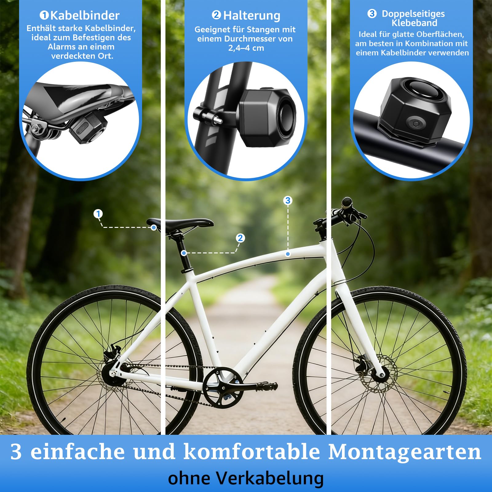 NineLeaf Fahrrad Alarmanlage Anti-Diebstahl mit Halterung, Elektrofahrrad Alarm 110dB Laut, Fahrrad Bewegungsmelder Alarm, Alarm für Motorrad Sccooter Wasserdicht USB Wiederaufladbar 4Stück