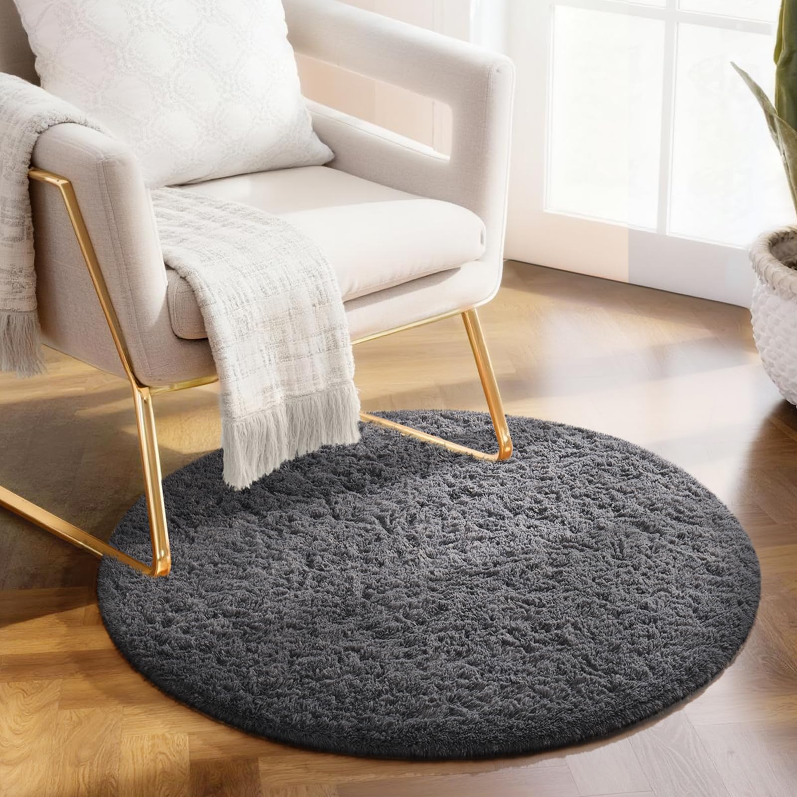 Ophanie Round Rug 2Ft Grey Circle Area Rug, Fluffy Fuzzy Bedroom Carpet, Plush Soft Shaggy Indoor Floor Gray Living Room Rugs for Kids Home Decor Aesthetic, Nursery