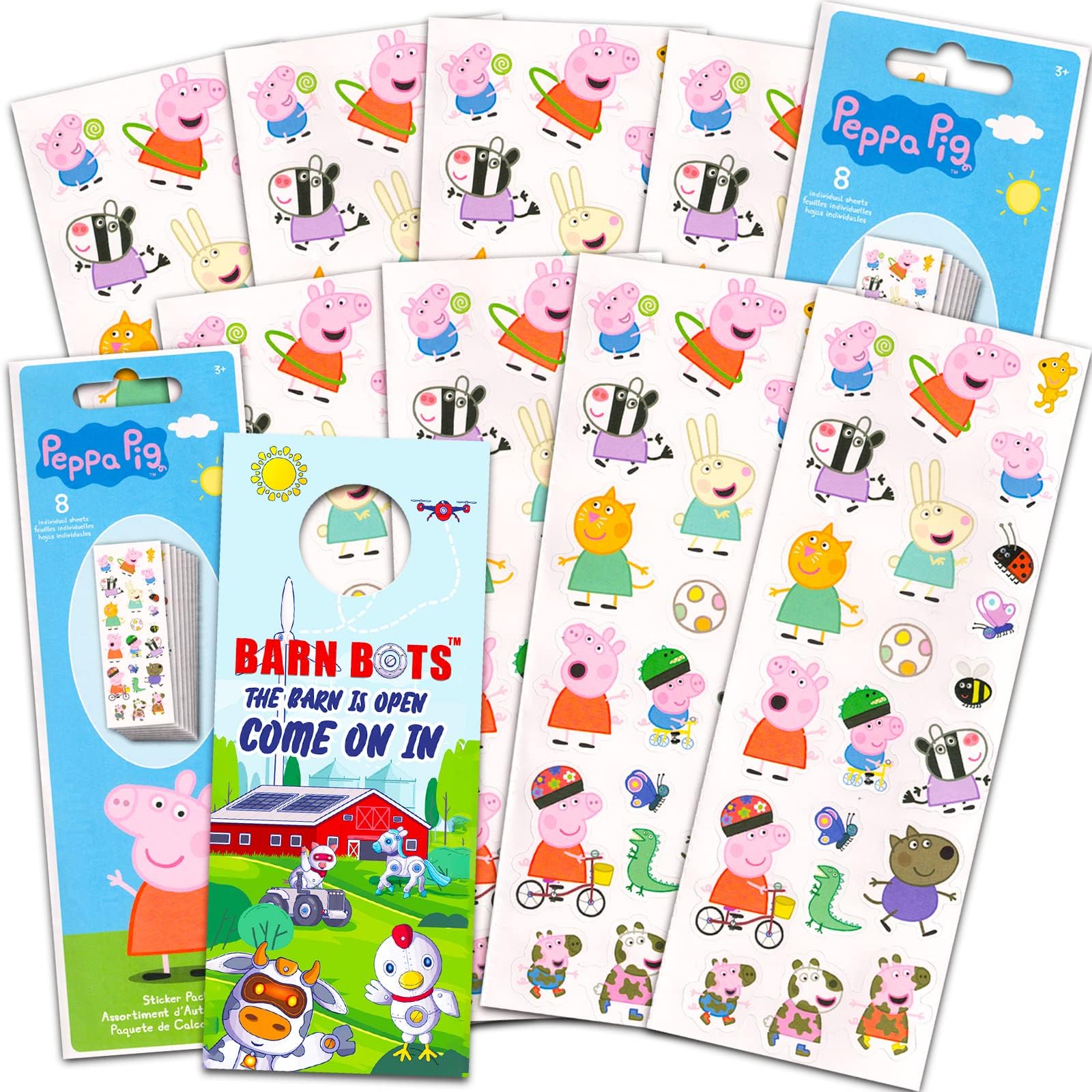 PeppaPig Peppa Pig Party Favors Sticker Set -- Bundle Includes 16 Sheets of Peppa Pig Stickers, Over 300 Stickers Total, with Barn Bots Door Hanger (Peppa Pig Party Supplies)