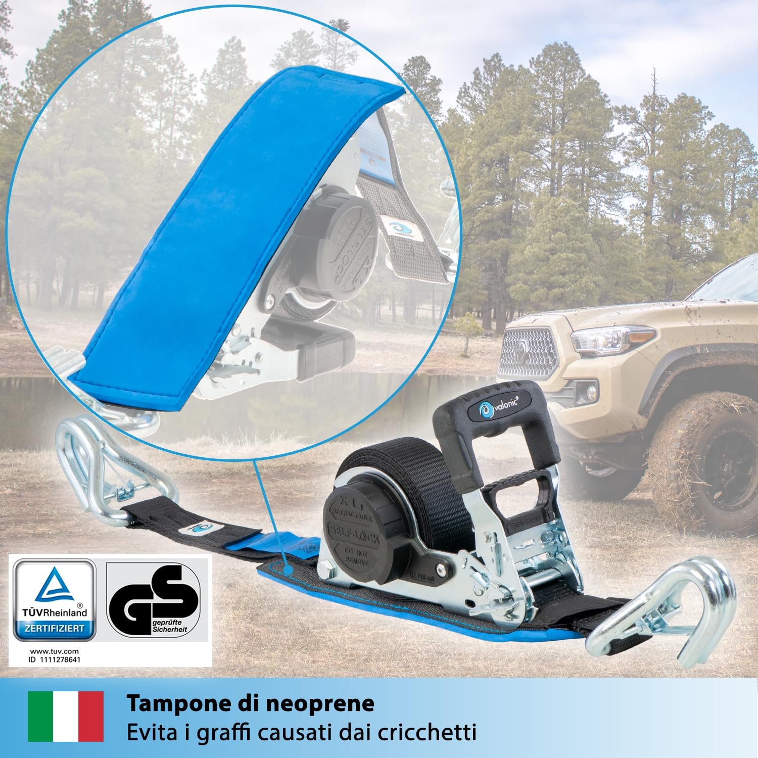 valonic GRIZZLY - 2x 5m XXL Cinghie di fissaggio automatiche con gancio a moschettone, 35mm, 800/1600 Kg, imbottite, certificate TÜV Rheinl. e GS, EN 12195-2 - con cricchetto, nero