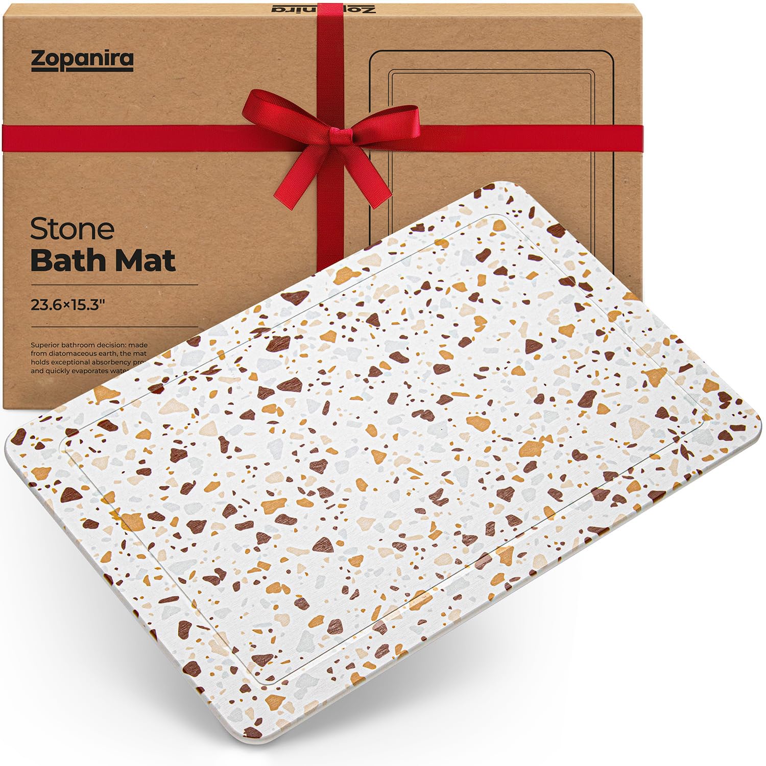 Zopanira Bathroom Stone Mat Quick Dry - Diatomaceous Earth Stone Bath Mat - Anti Slip Shower Mat (Terrazzo Red)
