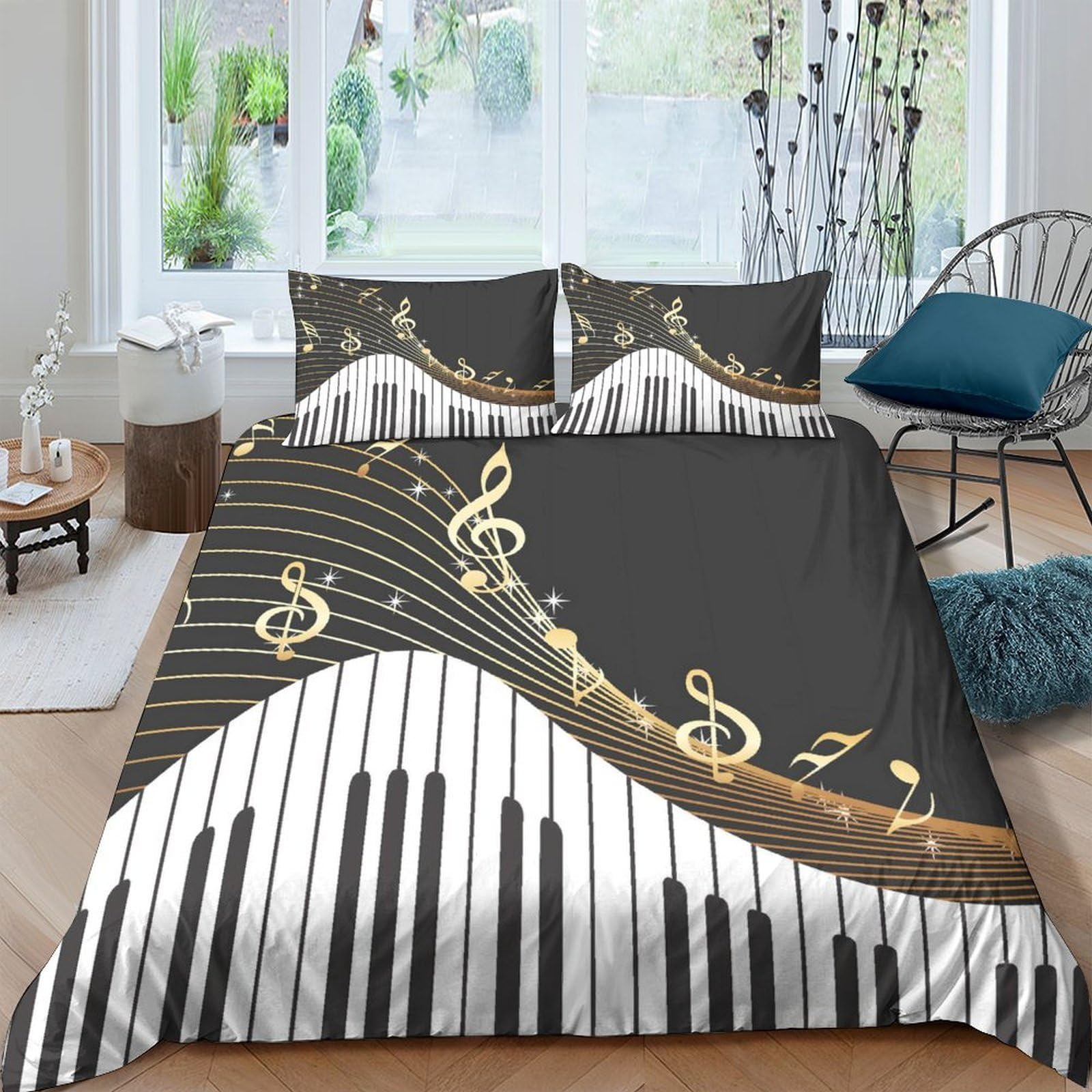 Ctjqhvkz Style-2 3D Printed Piano Keys Fitted Sheet Microfiber Gold Music Note Bed Cover Anti-Slip Machine Washable Bedroom Decor Single（135X200cm）