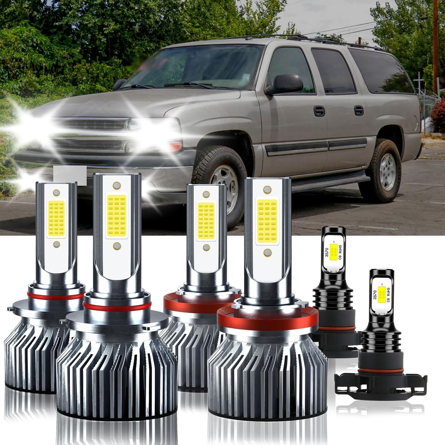 Compatible For Chevrolet Suburban 2500 2007-2013 9005 H11 High&Low Beam 5202 Fog Light Bulbs, 32000LM 300% Brightness 6500K White with Cooling Fan, Plug and Play, IP68 Pack of 6