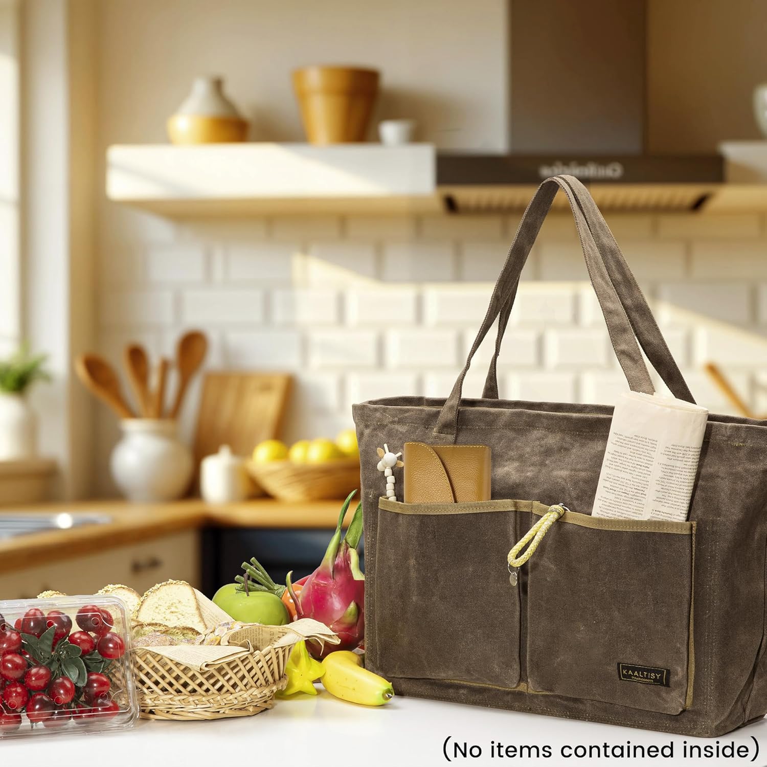 Large 16OZ Waxed Canvas Grocery Bag | Reusable Storage Tote with 4 Inner Slots + 2 Outer Pouches & 1 Zipper Pocket | Portable Canvas Shopping Pouch for Daily Use Outdoor Activities Craft Use | Grey - Image 2