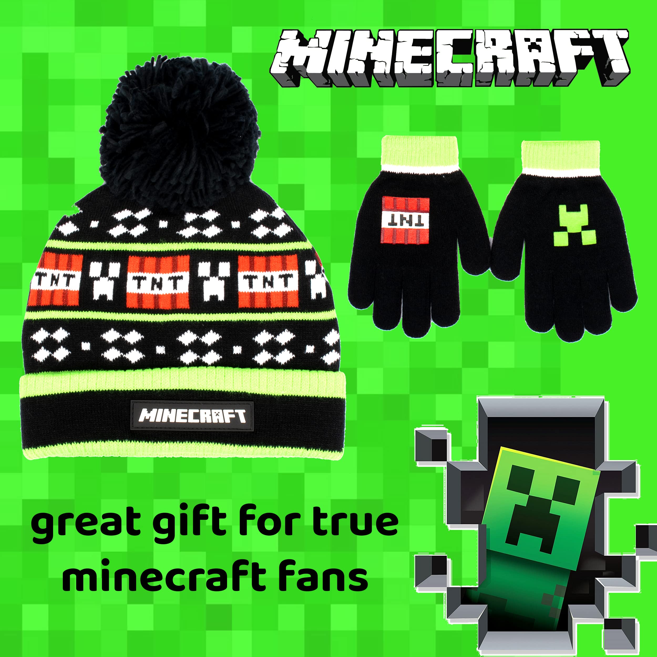Minecraft Gorro y Guantes de Lana Negros para Niños - Diseño de Píxeles - Talla Única 6-12 Años - Mercancía Oficial