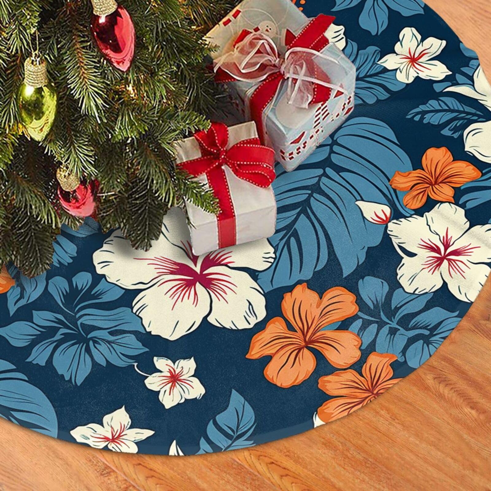 Fodpand Black Hawaii Flower Christmas Tree Skirt 30" Velvet Xmas Tree Skirt Mat Rustic Christmas Tree Mat Cover Winter Xmas Tree Collar For Indoor Outdoor Christmas Decorations