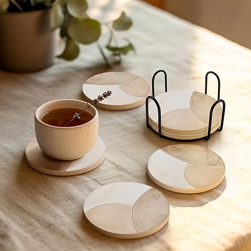 Miniatura 2 de VEYRO Juego de 4 posavasos para bebidas  Posavasos de cerámica absorbente con respaldo de corcho para mesa de café y escritorio, moderno juego de