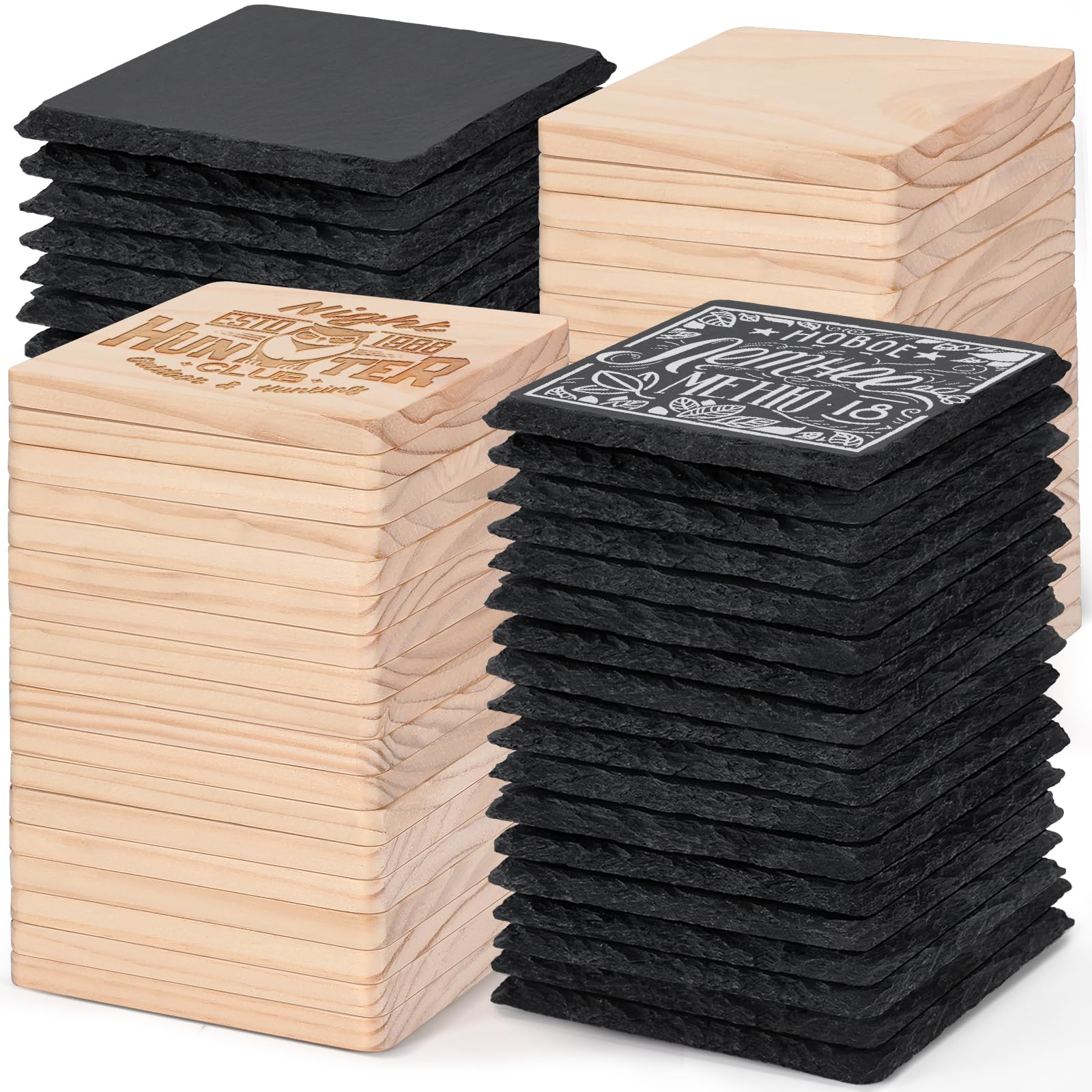 72 Sottobicchieri Vuoti Per Incisione Laser - 36 In Ardesia Nera E 36 In Legno, 10x10 Cm, Con Tappetini Protettivi - Fai Da Te, Artigianato, Decorazione - 3