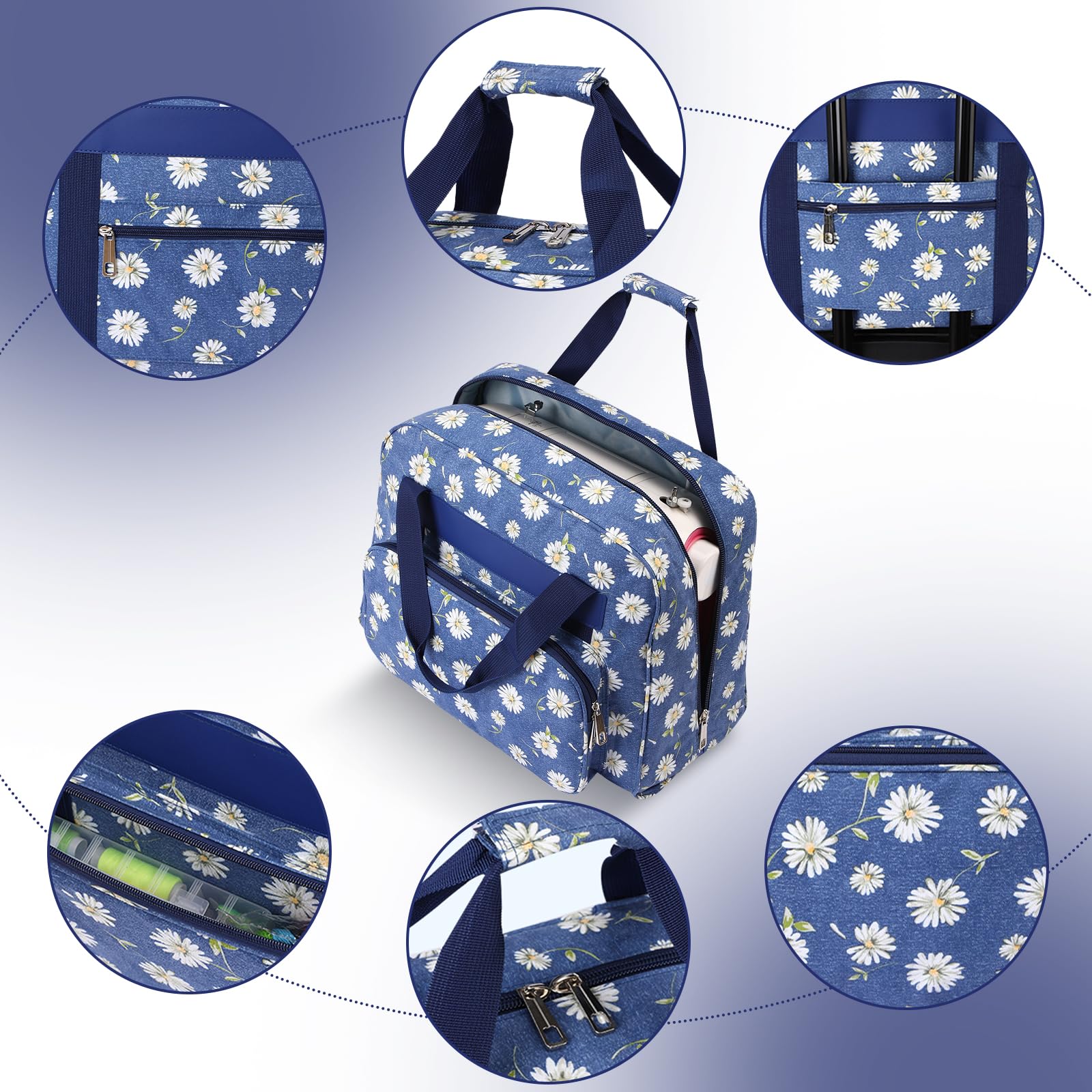 Custodia per macchina da cucire, borsa universale con tasca e manico, borsa portatile da appendere per piccole macchine da cucire, margherita blu, 43 x 32 x 21 cm