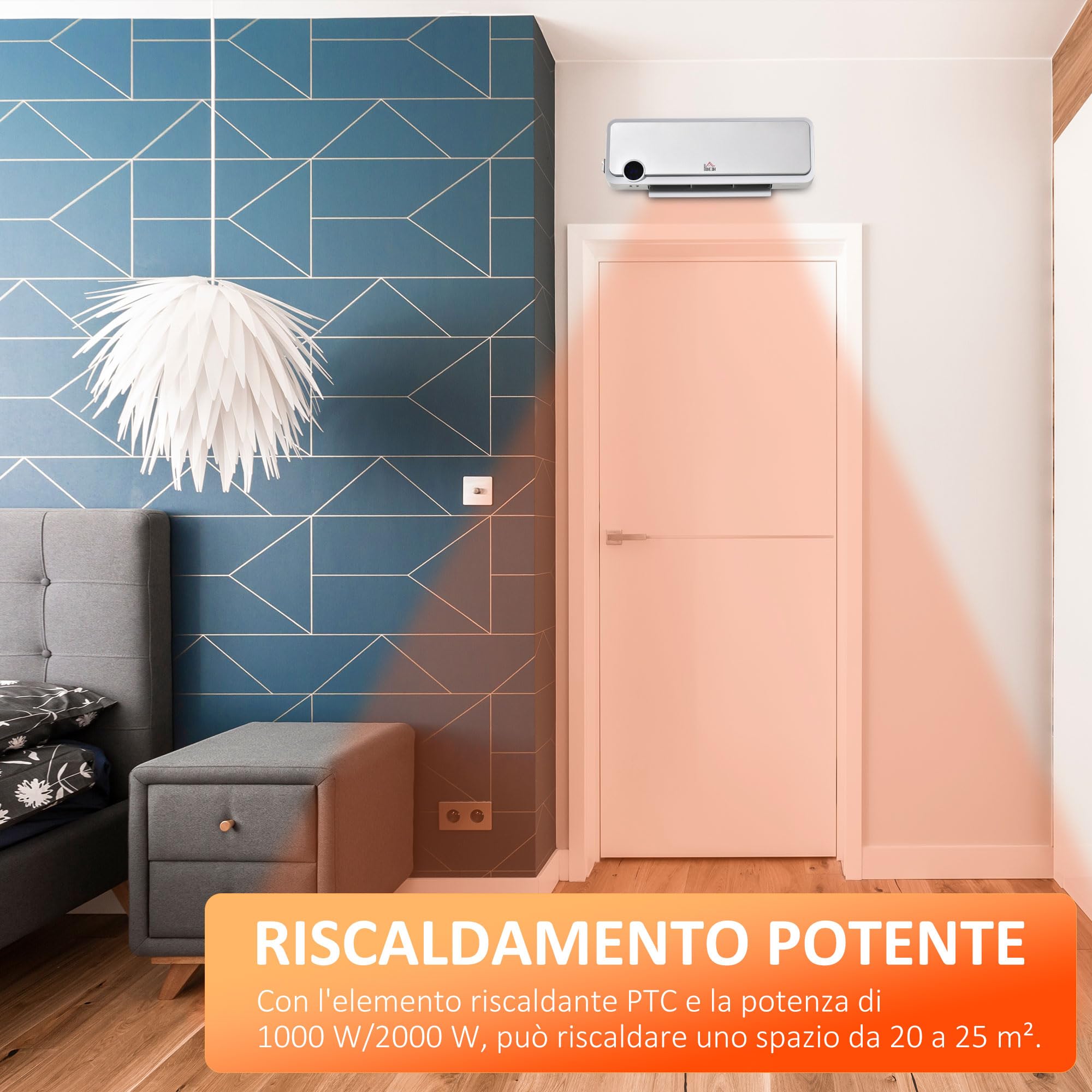 HOMCOM Stufa Elettrica da Parete PTC 56x18.5x11.7 cm Bianco e Argento | Basso Consumo, 3 Modalità, Timer 12h, Oscillazione 30°, Termosifone Elettrico in PP e PA, con Telecomando