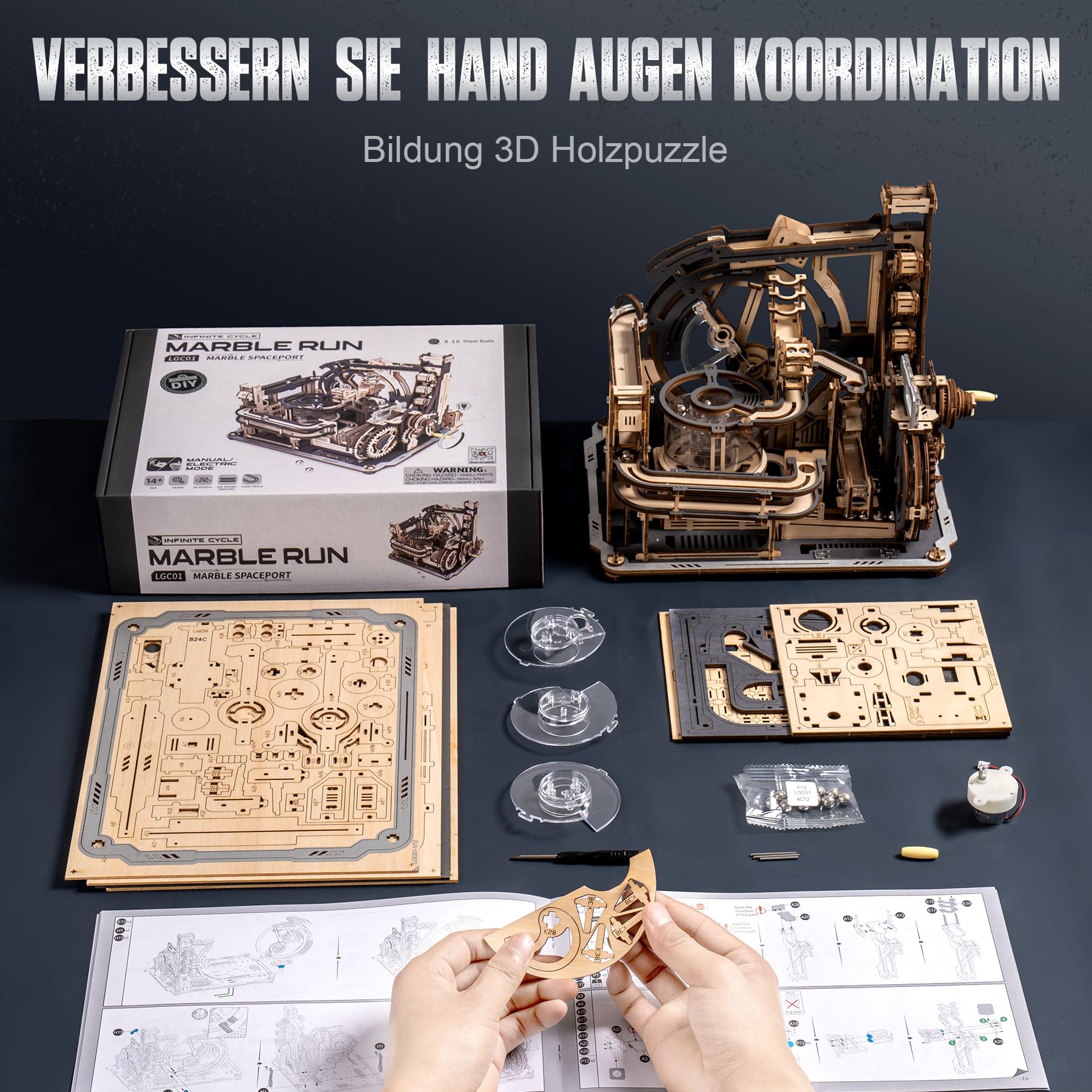 ROBOTIME Kugelbahnen Murmelbahn 3D Puzzle Holzpuzzle Erwachsene Modellbau Bastelset Modellbausatz Holz Holzbausatz Geschenk Erwachsene Jungen Elektrische (MURMEL-WELTRAUMHAFEN LGC01)