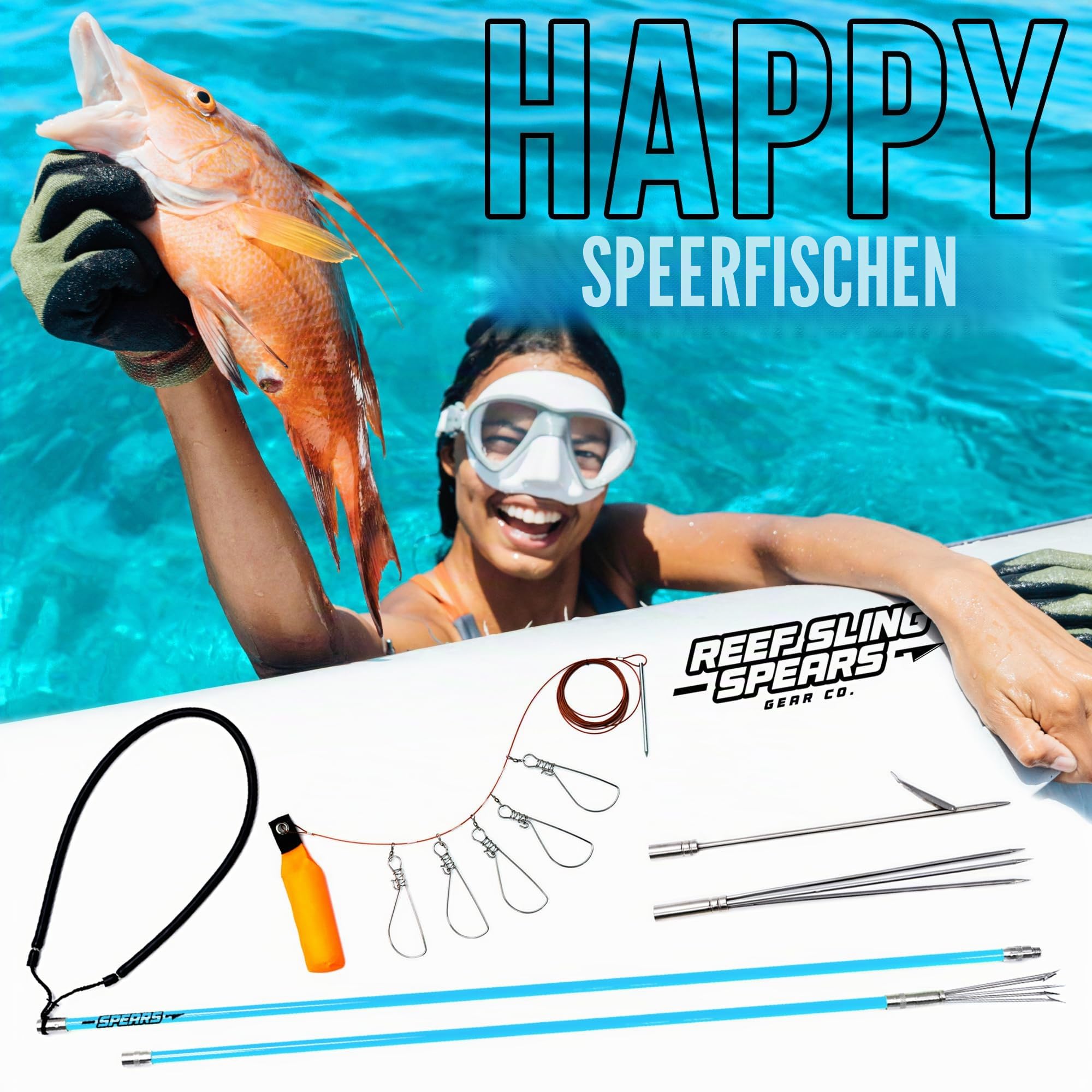 Hawaiian Sling Fishing Speer Set – Reise Fiberglas Pole Speer Harpune zum Speerfischen mit 3 Zinken Paralyzer Spitzen 5' – Angelschnurhalter und Reisetasche enthalten für Speerangelausrüstung