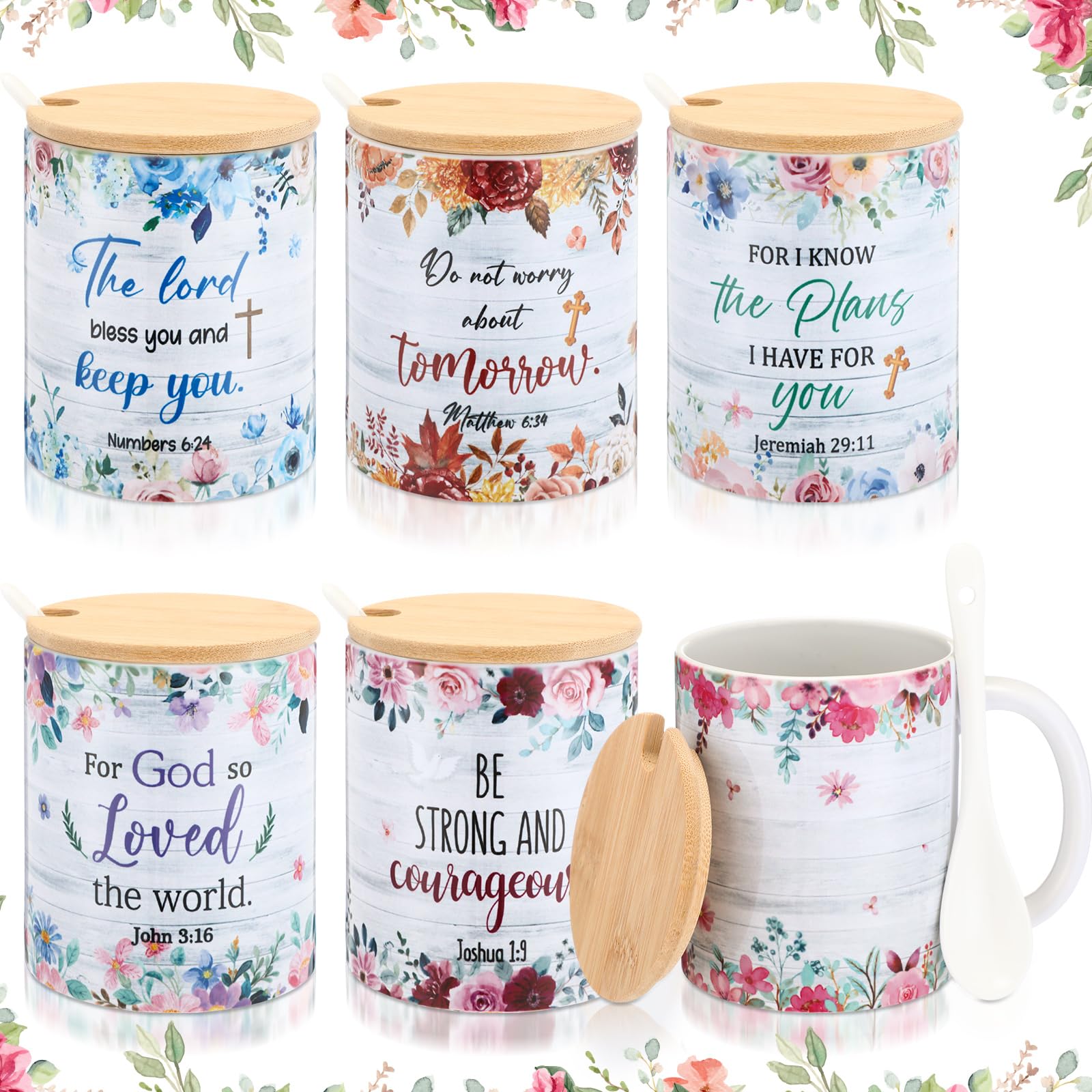 Remerry Lot de 6 tasses à café chrétiennes pour femme - 355 ml - Inspirations religieuses - Tasse vintage en céramique avec verset de la Bible - Tasse avec couvercle et cuillère - Cadeau d'église pour