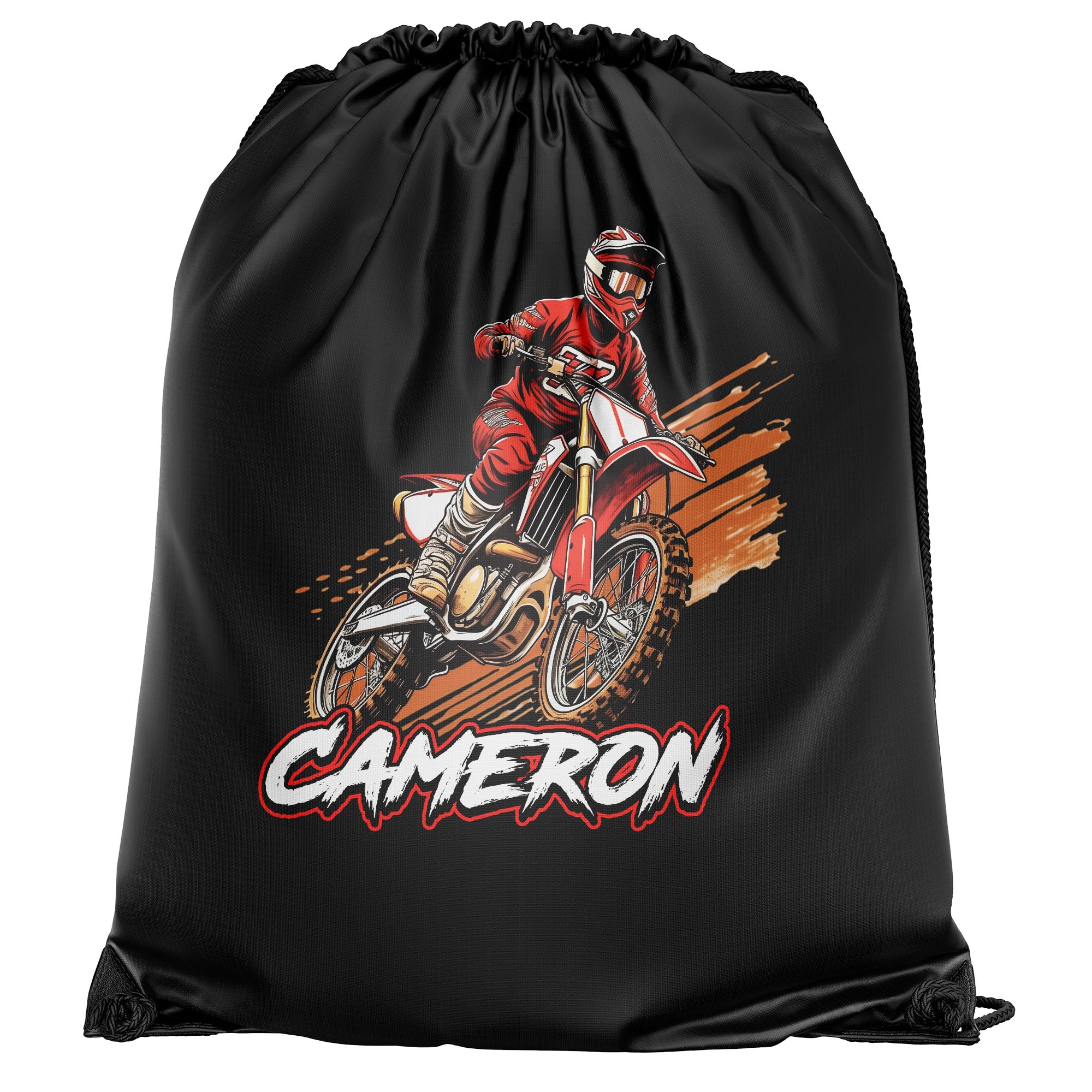 Personalised Red Dirt Bike Drawstring Bag for Boys Off Road Track Motorbike Back to School PE Sports Kids Bag, One Size, Black