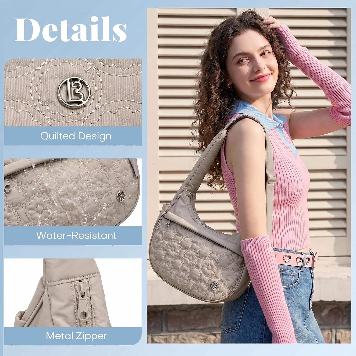 Quilted Crossbody Bags for Women, Puffer Nylon Shoulder Bag with Adjustable Strap - Water-Resistant & Lightweight Small Purse, Trendy Handbags for Daily Use, Work, Travel, City | Gray Brown