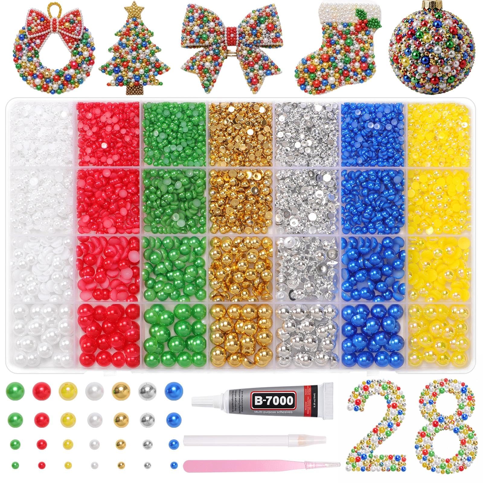 28 Grids Color Flatback Pearls for Crafting, Christmas Half ABS Pearls Kit