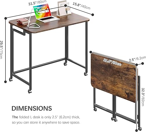 Miniatura 3 de 4NM 31.5" Escritorio móvil pequeño con ruedas para computadora, mesa plegable para portátil con ruedas, escritorio de oficina portátil para espacios