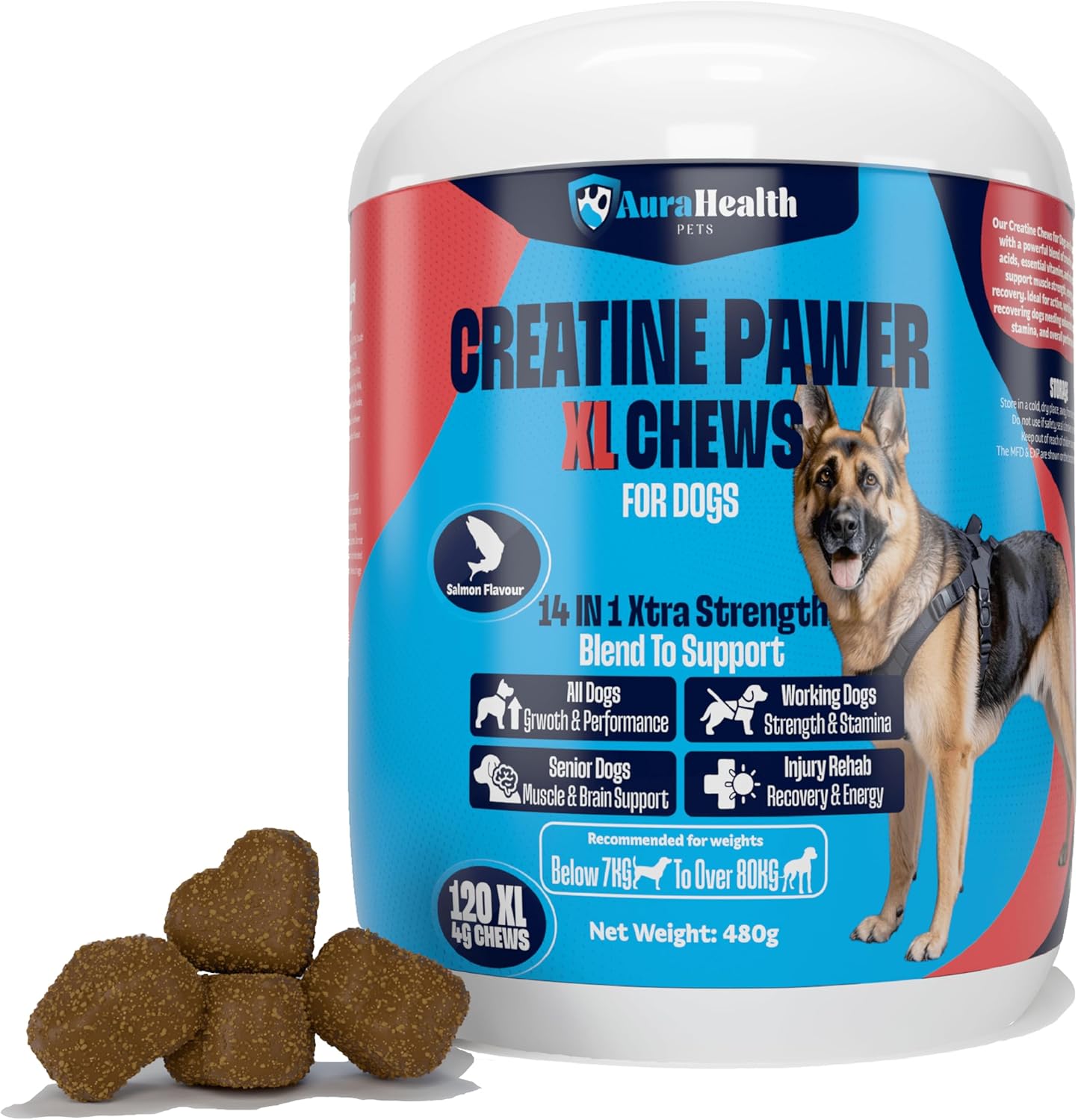 CREATINE PAWER 120 XL Chews up to 4-month supply for Working, Senior, & Injured Dogs 14-in-1 XtraStrength: Creatine, L-Carnitine & Taurine. Muscles, Performance, Energy & Recovery, Salmon Flavour